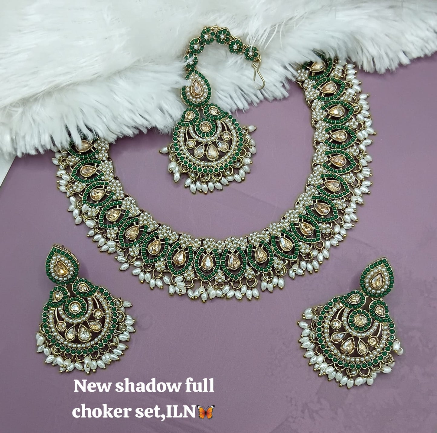 Bridal Shadow Finish Full Choker Necklace Set with Earrings and Maang Tikka