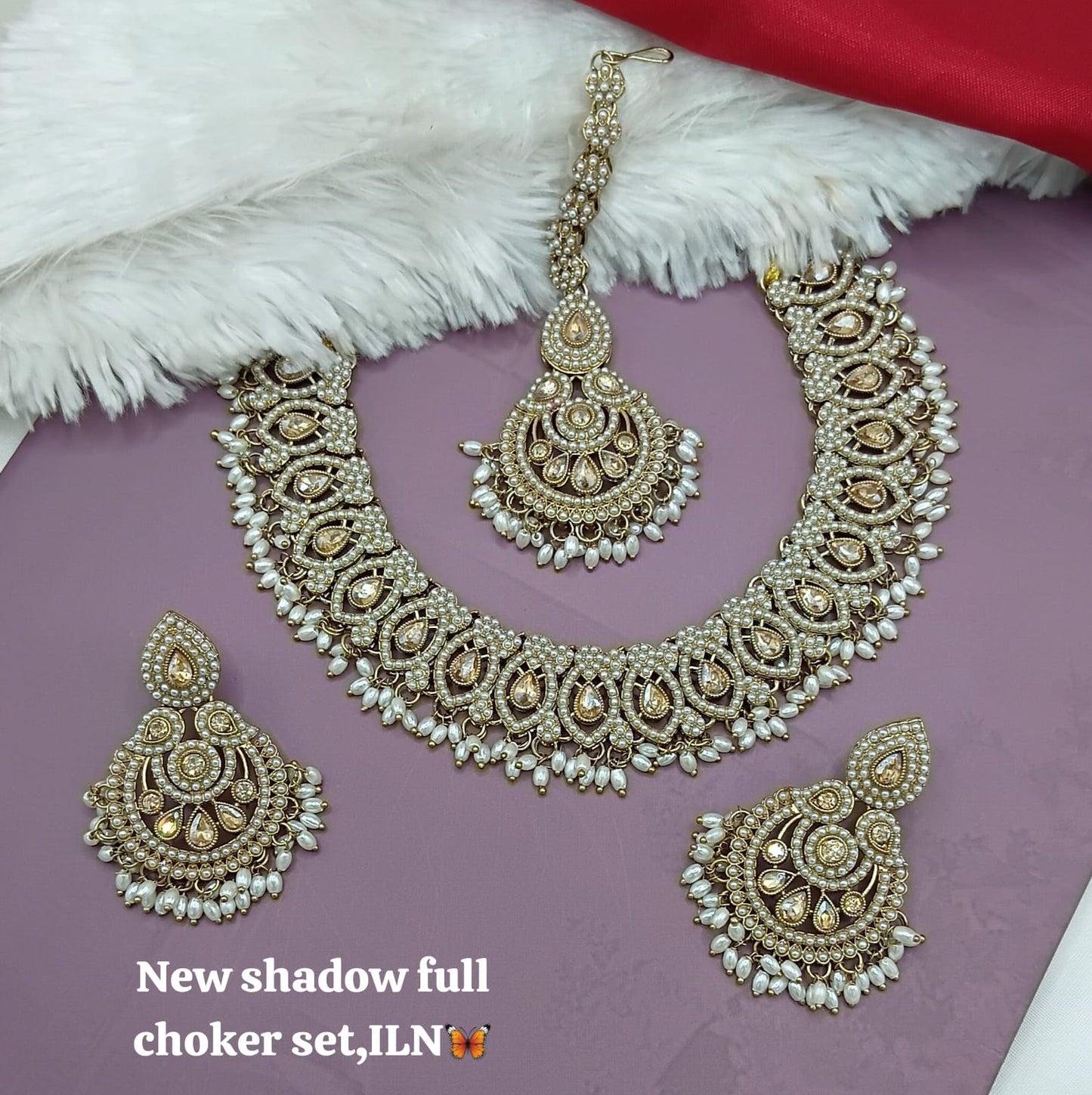 Bridal Shadow Finish Full Choker Necklace Set with Earrings and Maang Tikka