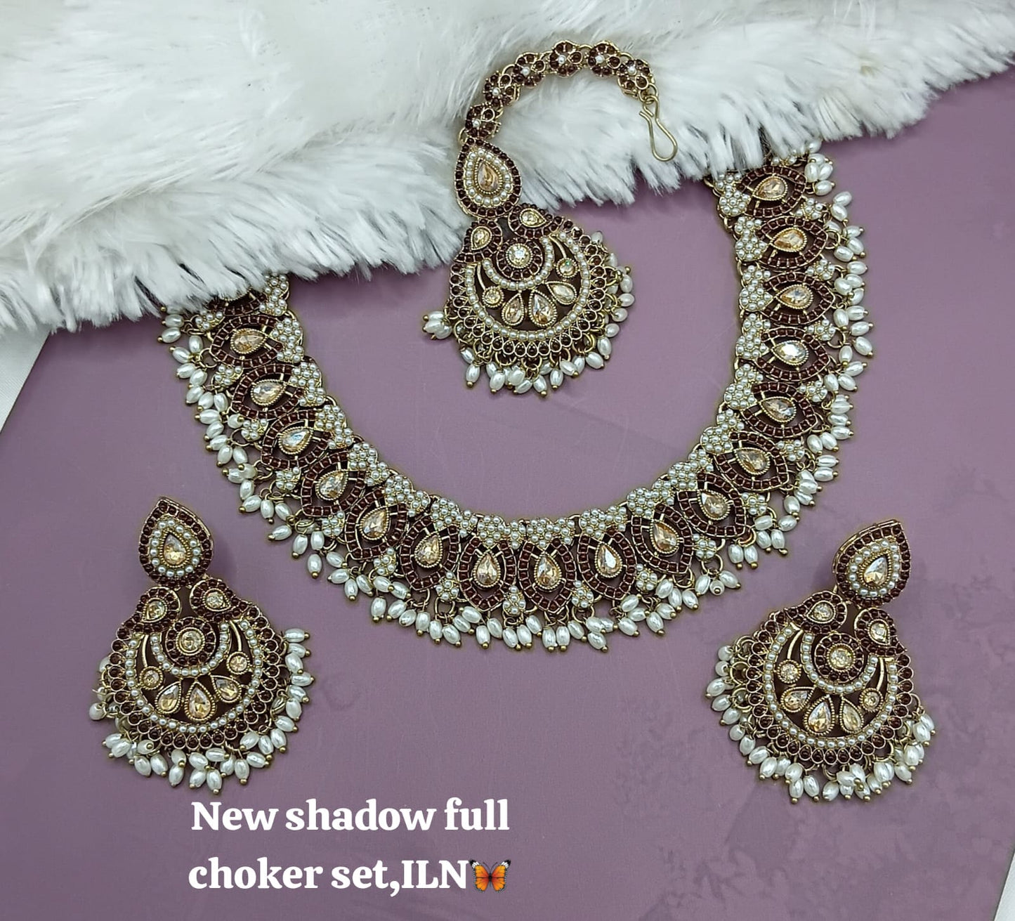 Bridal Shadow Finish Full Choker Necklace Set with Earrings and Maang Tikka