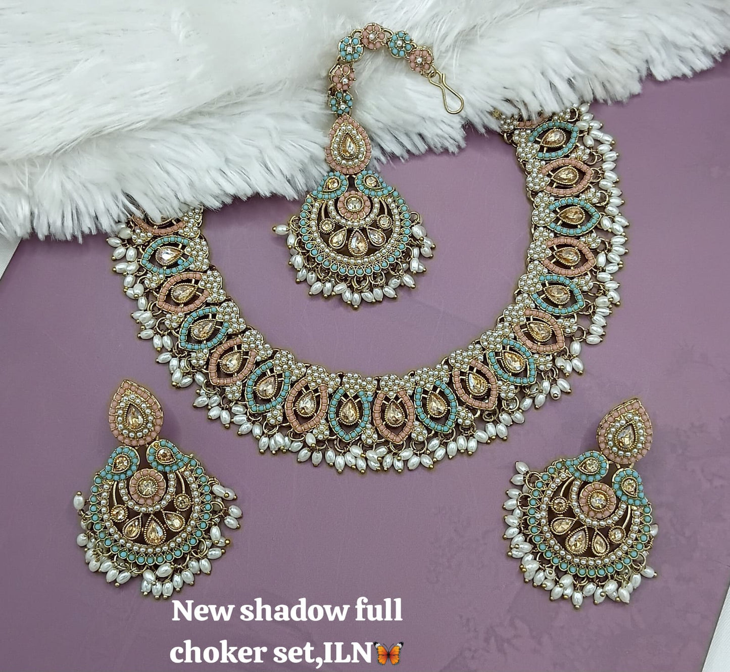 Bridal Shadow Finish Full Choker Necklace Set with Earrings and Maang Tikka