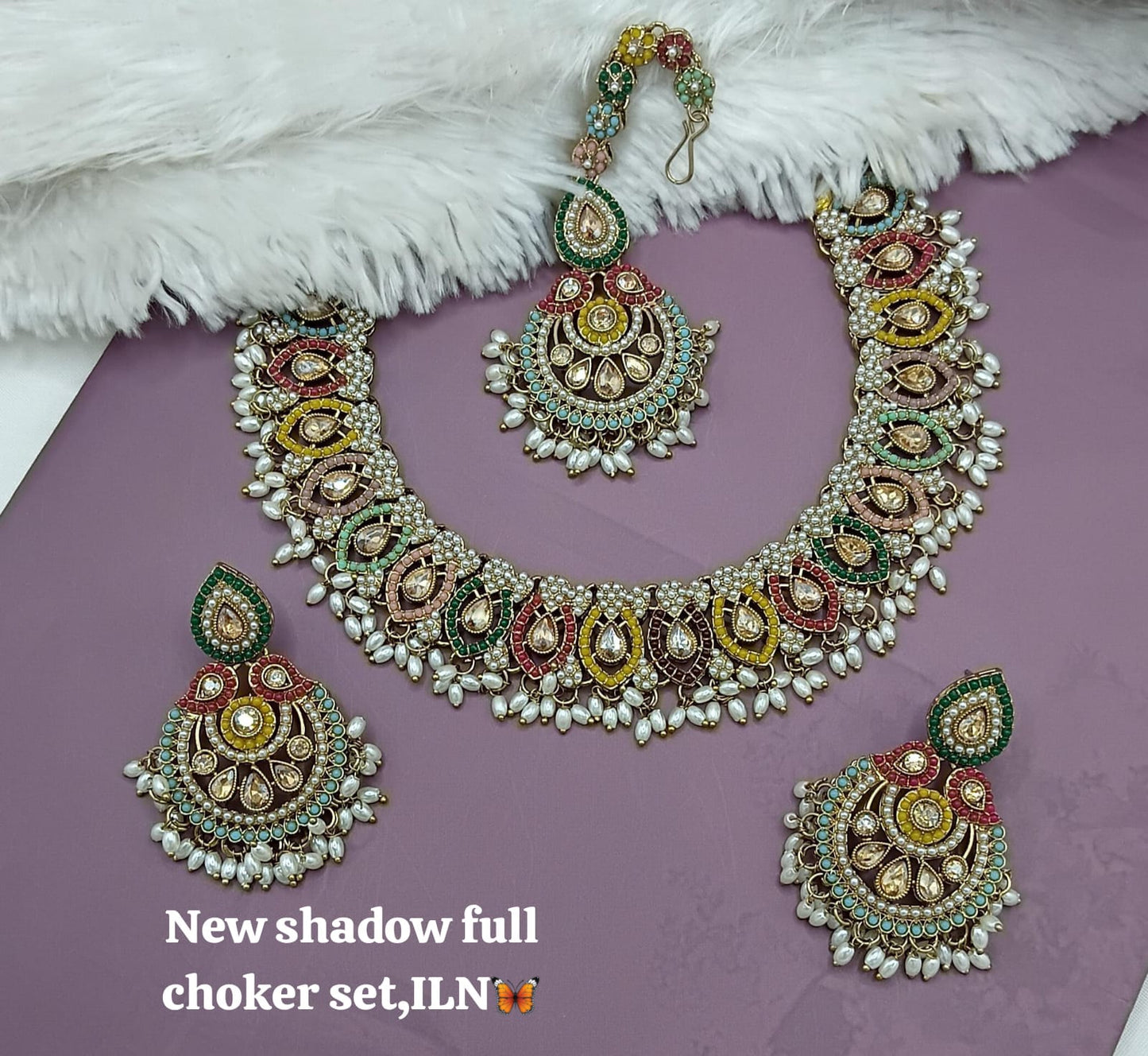 Bridal Shadow Finish Full Choker Necklace Set with Earrings and Maang Tikka