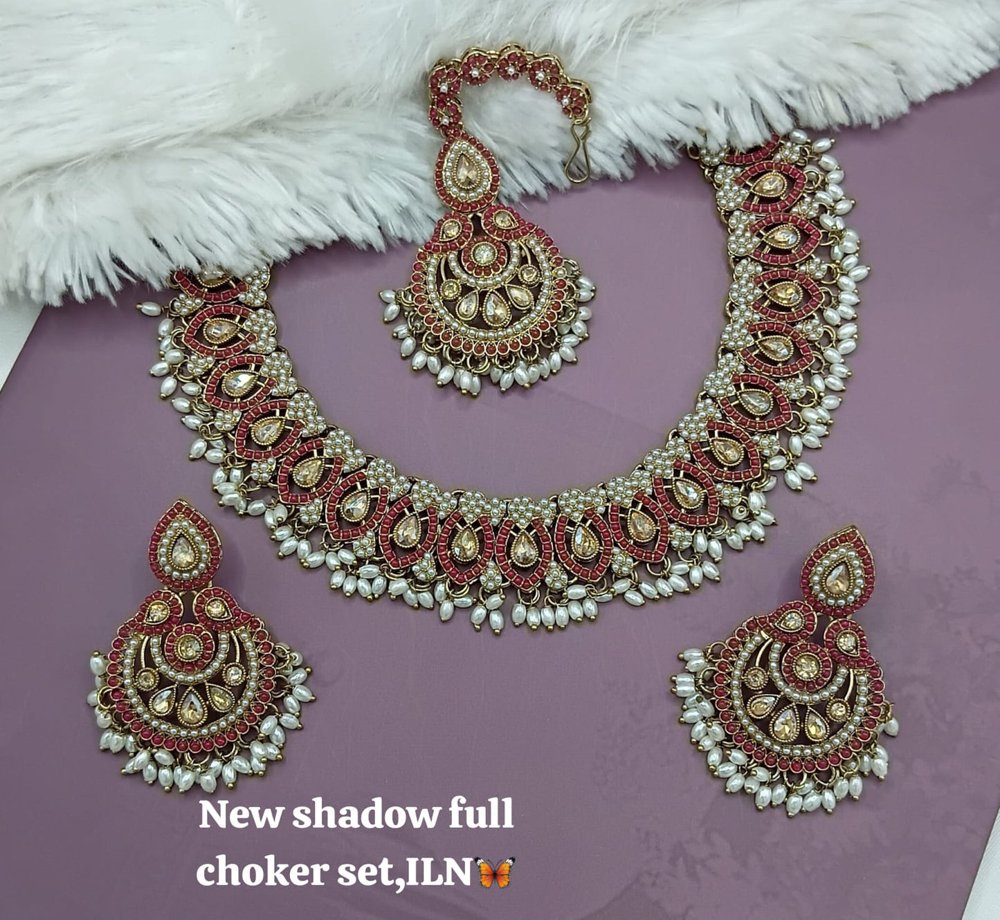 Bridal Shadow Finish Full Choker Necklace Set with Earrings and Maang Tikka