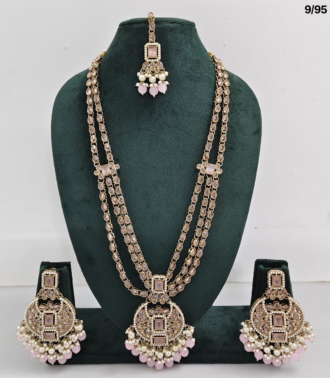 Traditional CZ Bridal Jewelry Set – Double-Layer Necklace with Earrings & Maang Tikka – Pink Beads & Pearl Detailing