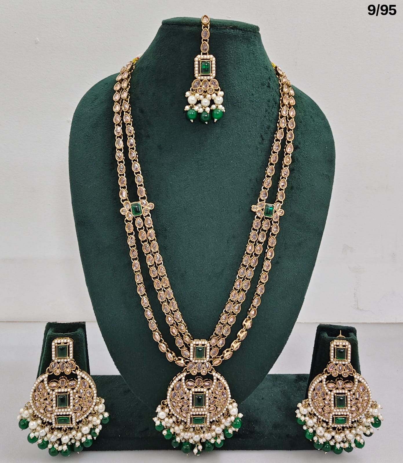 Traditional CZ Bridal Jewelry Set – Double-Layer Necklace with Earrings & Maang Tikka – Pink Beads & Pearl Detailing
