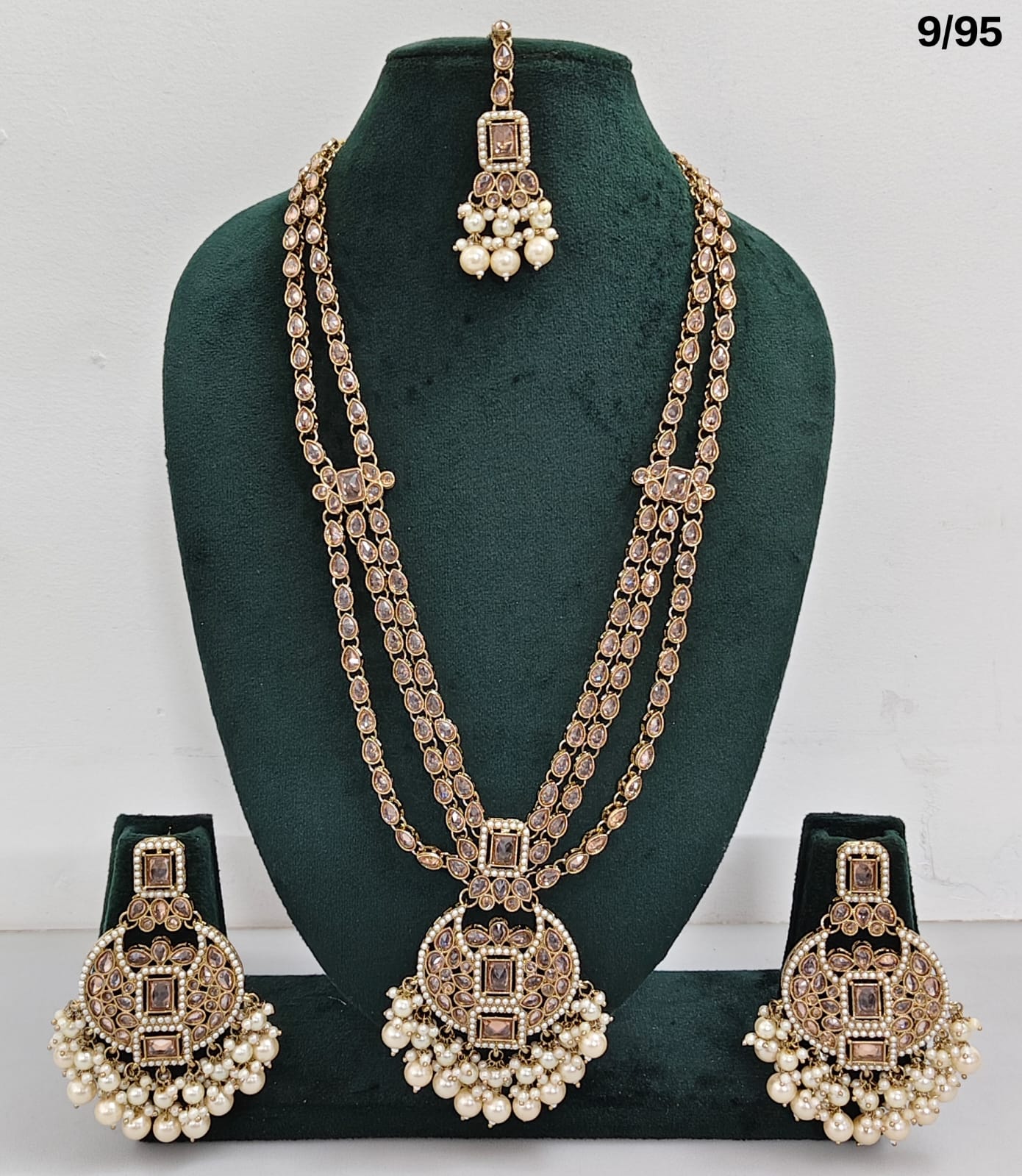 Traditional CZ Bridal Jewelry Set – Double-Layer Necklace with Earrings & Maang Tikka – Pink Beads & Pearl Detailing