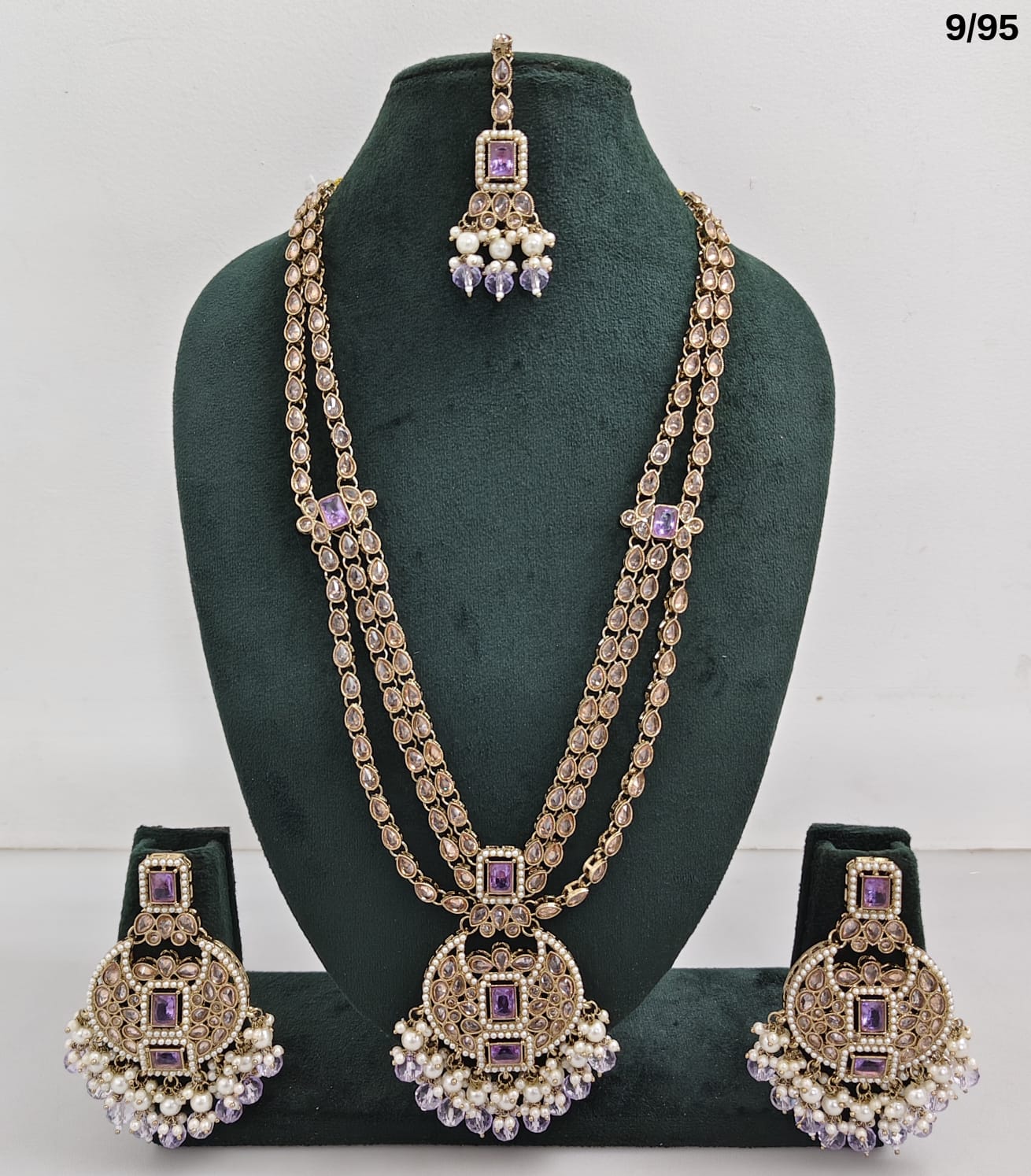 Traditional CZ Bridal Jewelry Set – Double-Layer Necklace with Earrings & Maang Tikka – Pink Beads & Pearl Detailing