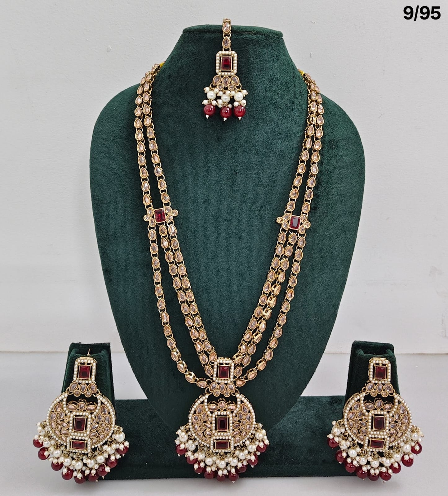 Traditional CZ Bridal Jewelry Set – Double-Layer Necklace with Earrings & Maang Tikka – Pink Beads & Pearl Detailing
