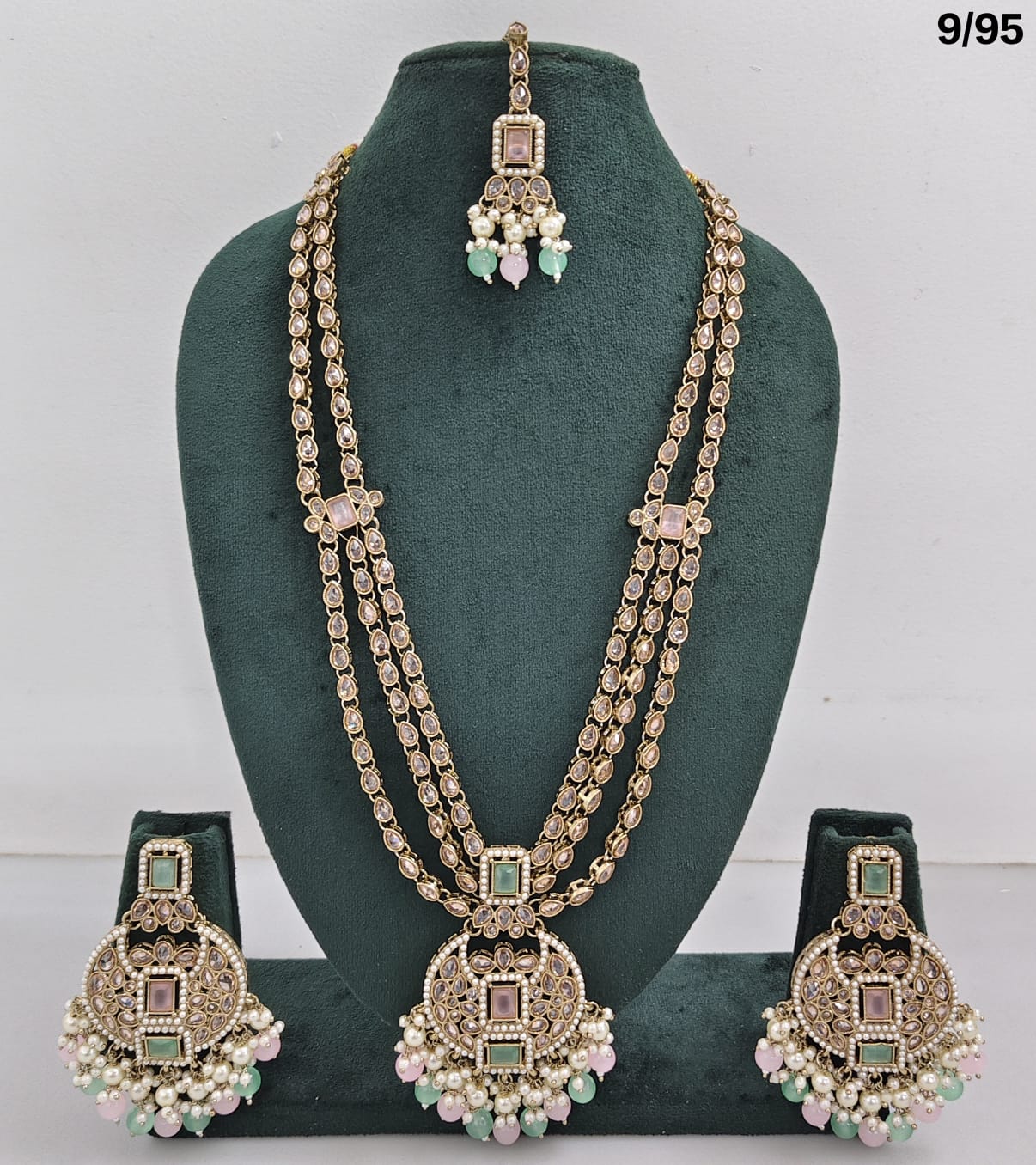 Traditional CZ Bridal Jewelry Set – Double-Layer Necklace with Earrings & Maang Tikka – Pink Beads & Pearl Detailing