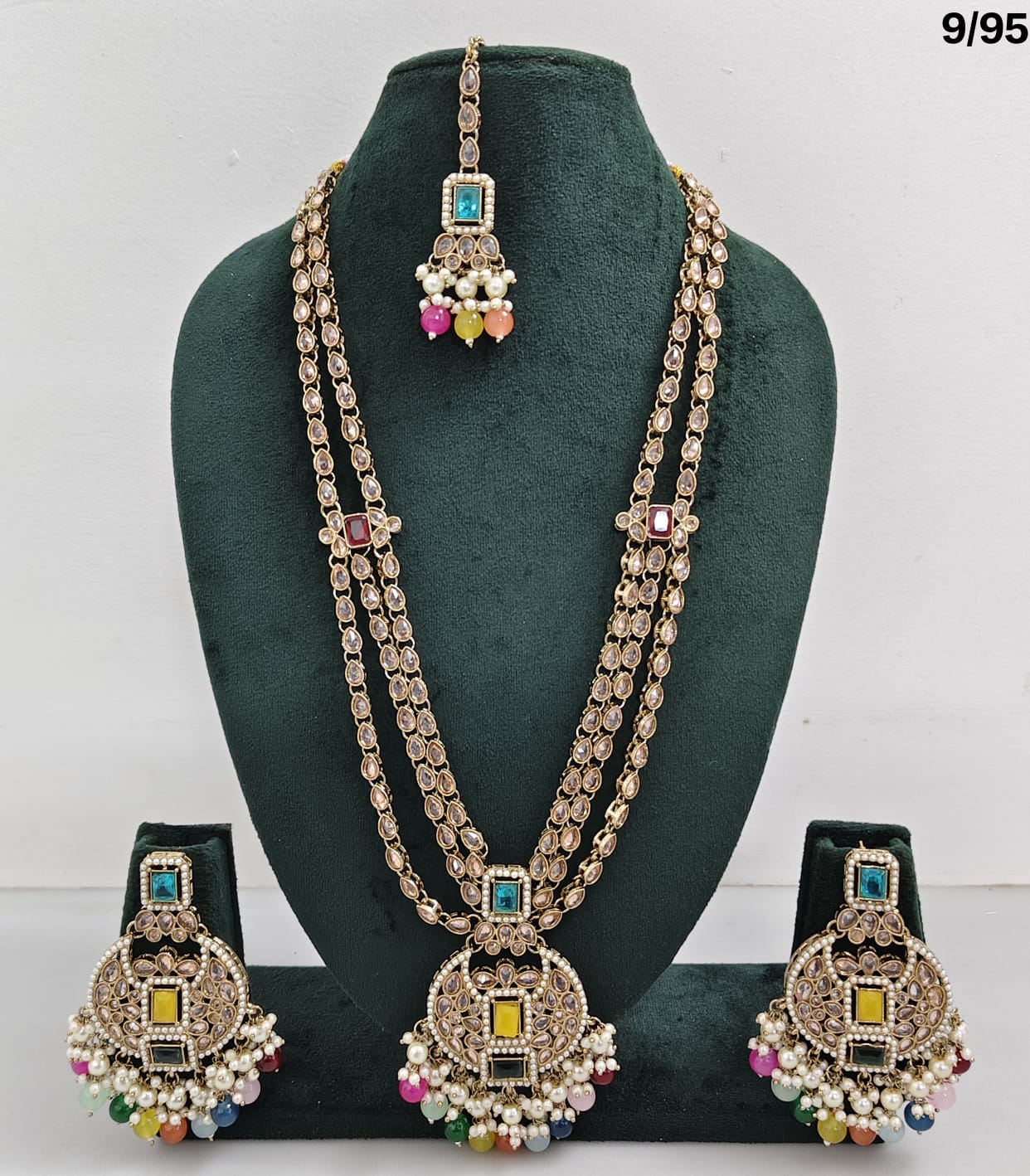 Traditional CZ Bridal Jewelry Set – Double-Layer Necklace with Earrings & Maang Tikka – Pink Beads & Pearl Detailing