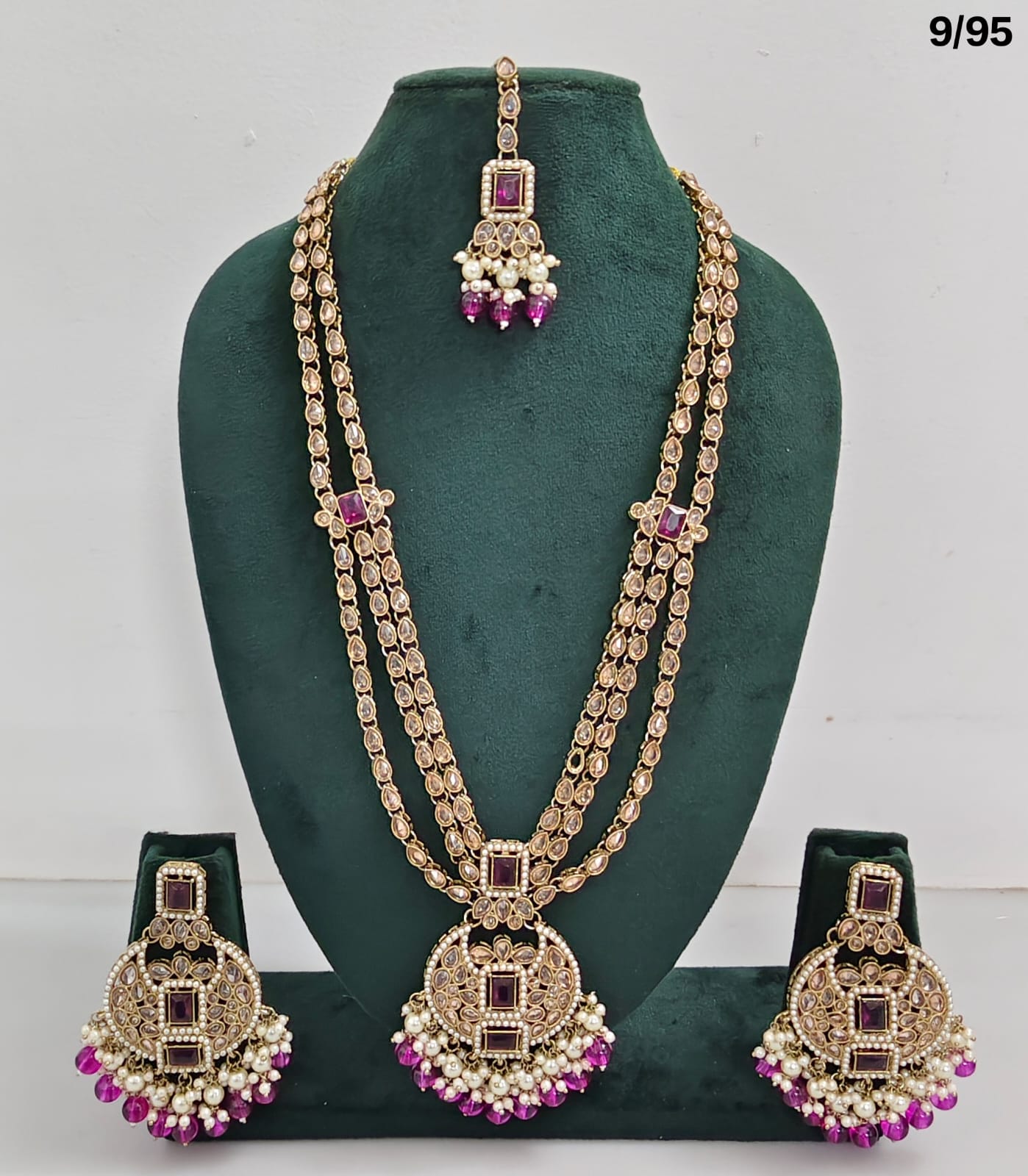 Traditional CZ Bridal Jewelry Set – Double-Layer Necklace with Earrings & Maang Tikka – Pink Beads & Pearl Detailing