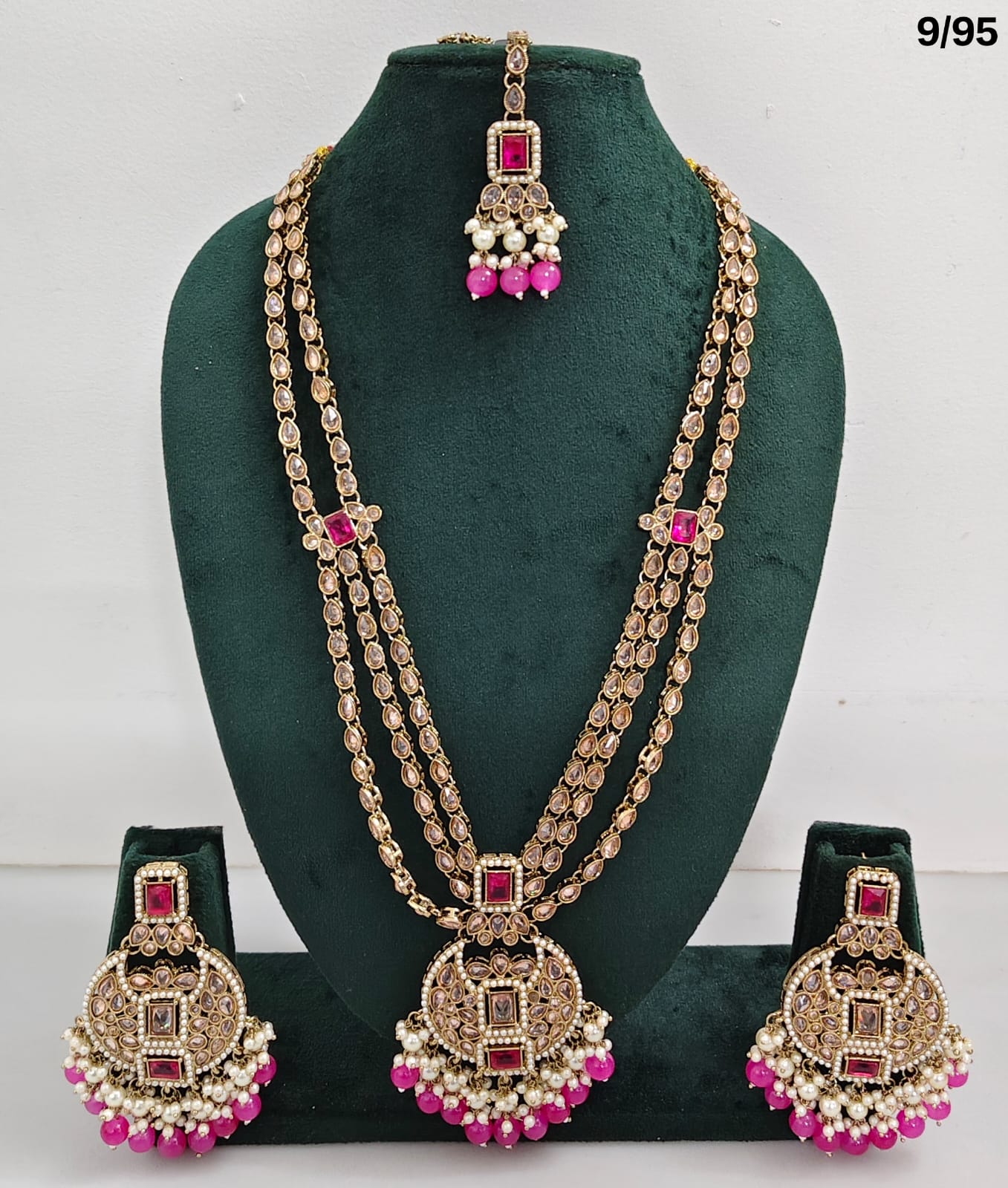 Traditional CZ Bridal Jewelry Set – Double-Layer Necklace with Earrings & Maang Tikka – Pink Beads & Pearl Detailing