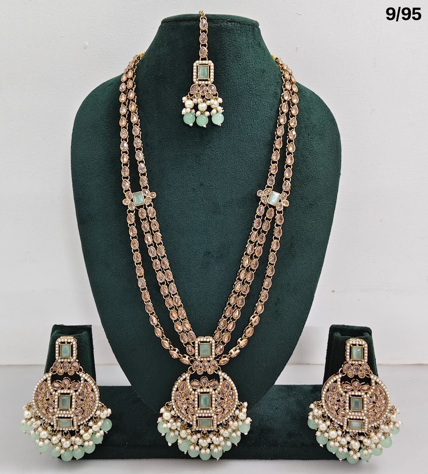 Traditional CZ Bridal Jewelry Set – Double-Layer Necklace with Earrings & Maang Tikka – Pink Beads & Pearl Detailing