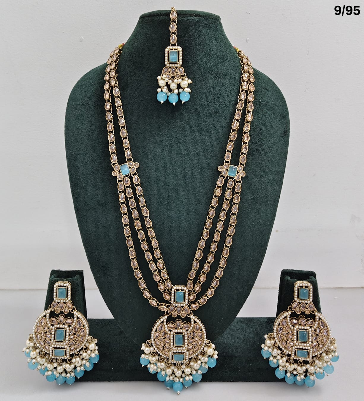 Traditional CZ Bridal Jewelry Set – Double-Layer Necklace with Earrings & Maang Tikka – Pink Beads & Pearl Detailing