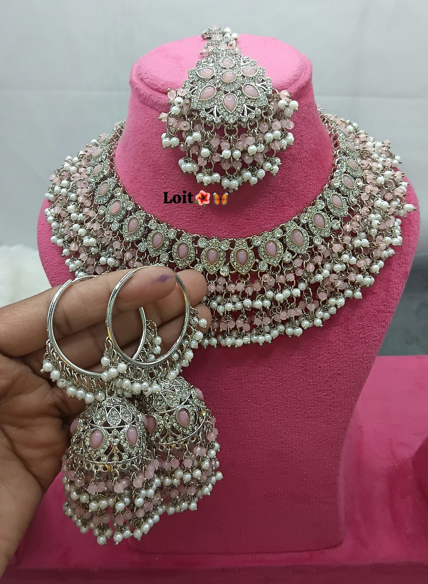 Elegant Pearl & Stone Traditional Necklace Set with Matching Earrings and Maang Tikka
