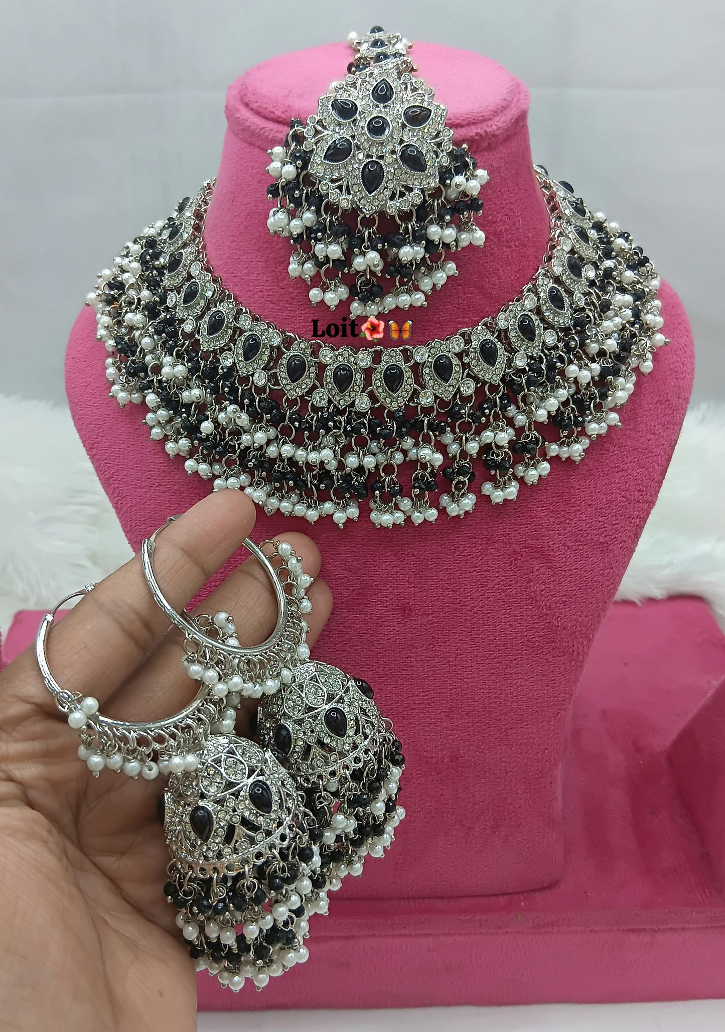 Elegant Pearl & Stone Traditional Necklace Set with Matching Earrings and Maang Tikka
