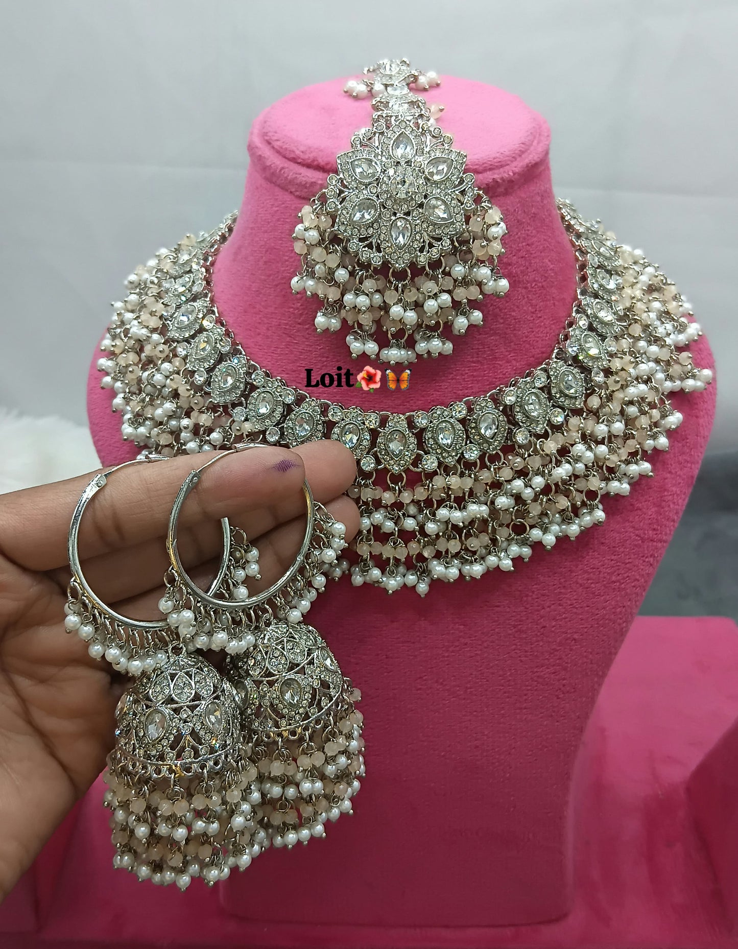 Elegant Pearl & Stone Traditional Necklace Set with Matching Earrings and Maang Tikka
