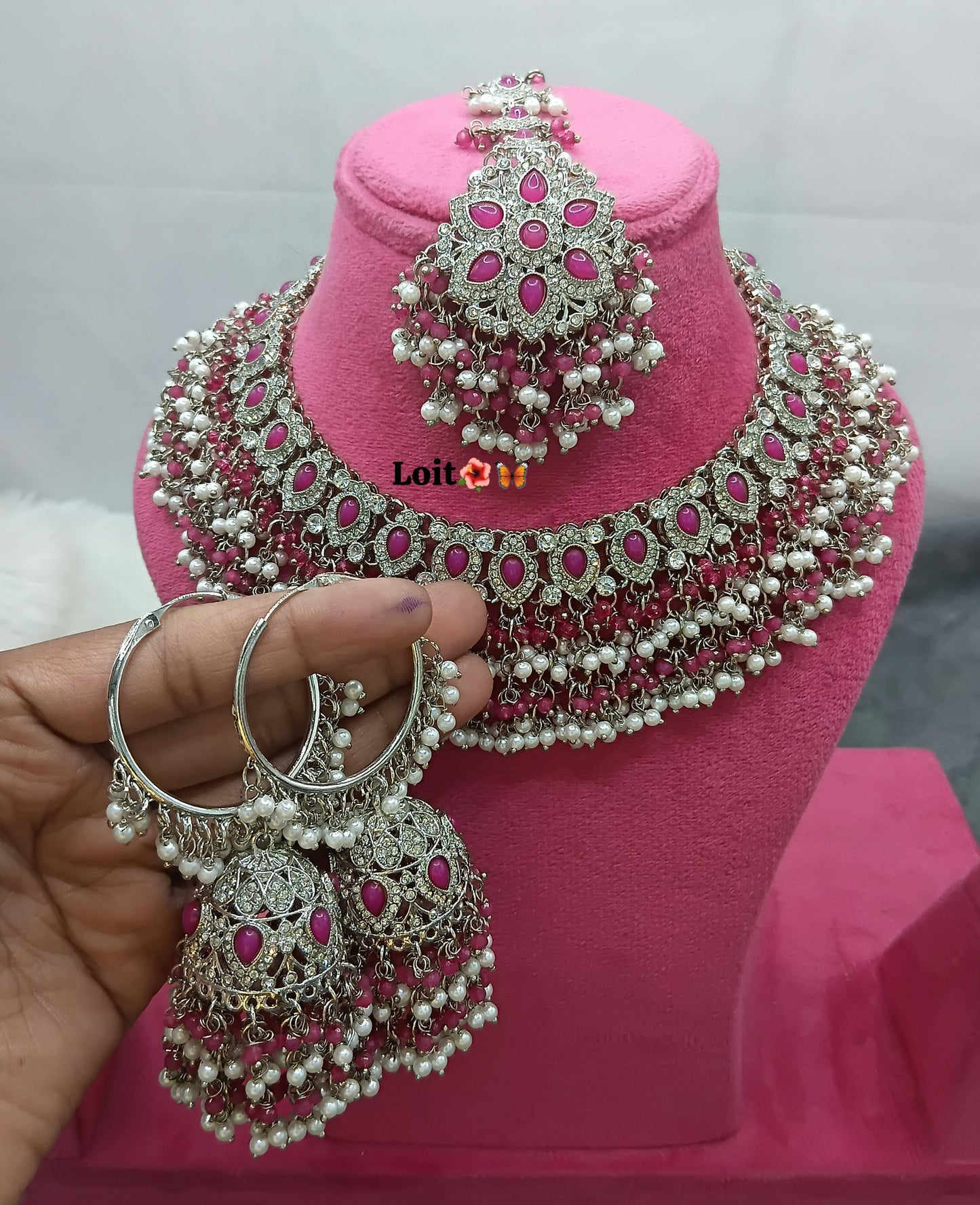 Elegant Pearl & Stone Traditional Necklace Set with Matching Earrings and Maang Tikka