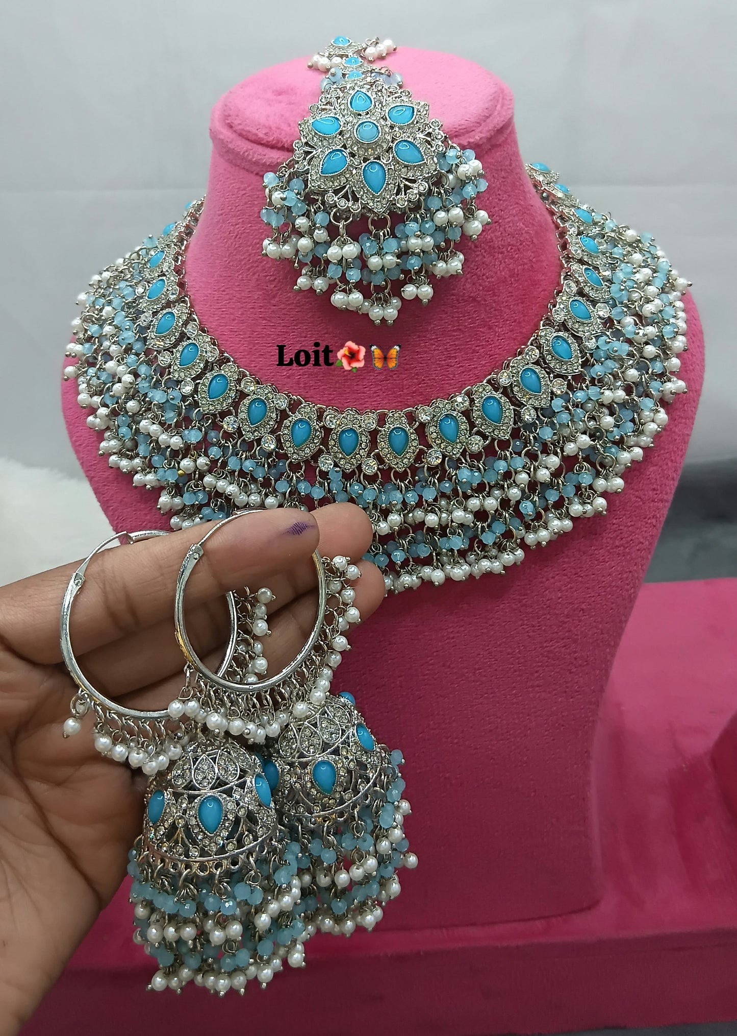 Elegant Pearl & Stone Traditional Necklace Set with Matching Earrings and Maang Tikka