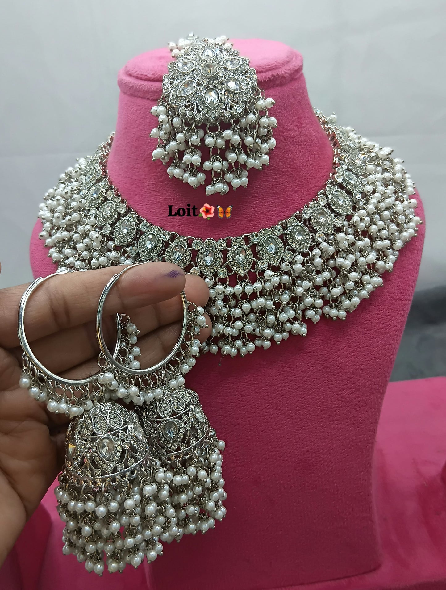 Elegant Pearl & Stone Traditional Necklace Set with Matching Earrings and Maang Tikka
