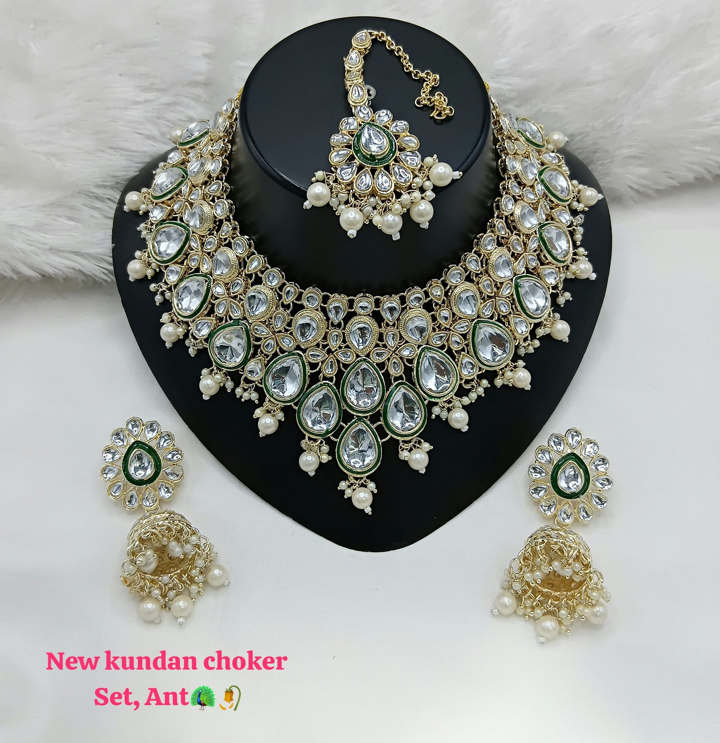 Designer CZ Choker Necklace Set with Green Beads – Bridal & Party Wear Jewelry