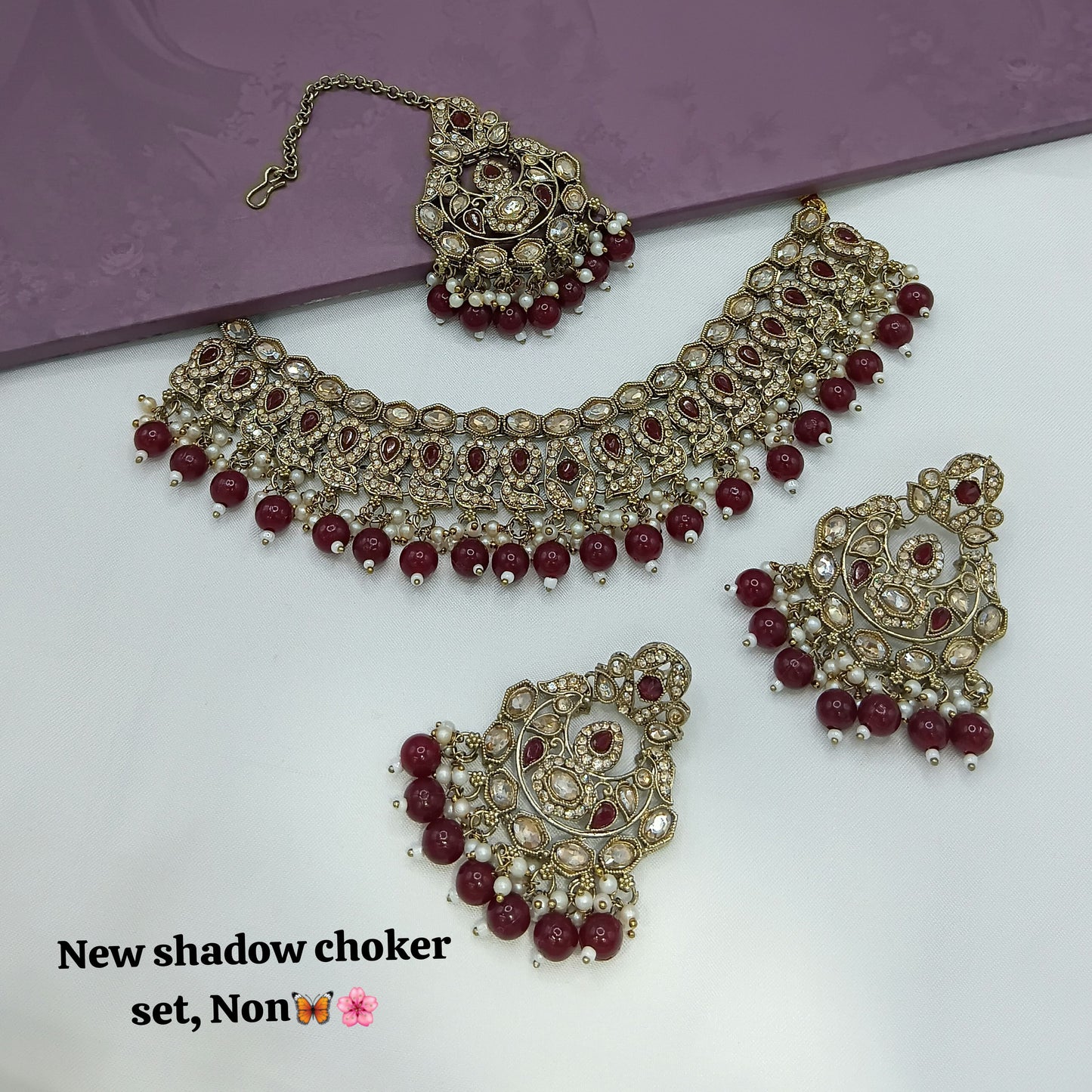 Designer Shadow Choker Necklace Set with Earrings & Maang Tikka – Premium Finish