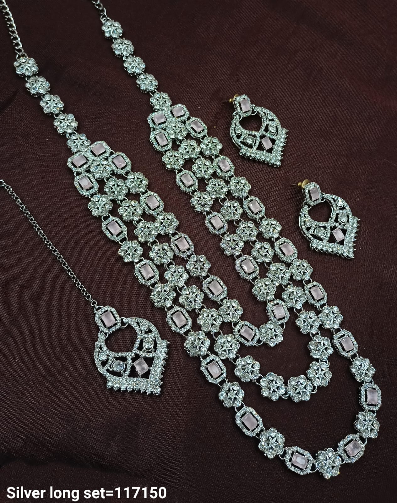 Fancy Silver Plated Three Layer Long Necklace Set