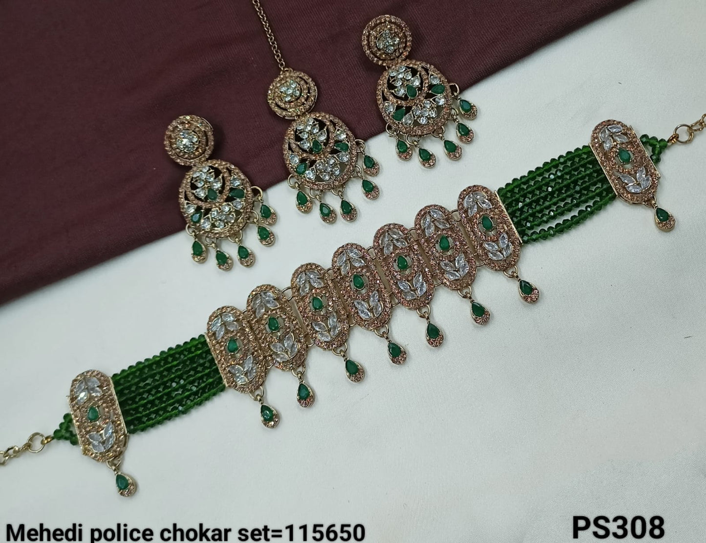 Elegant Mehedi Police Choker Set with Detailed Pendant and Matching Earrings