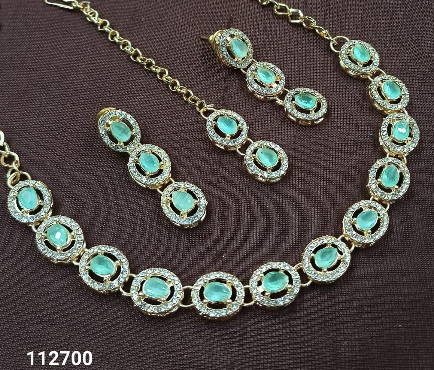 Elegant Oval Stone Necklace Set with Matching Earrings & Mangtikka