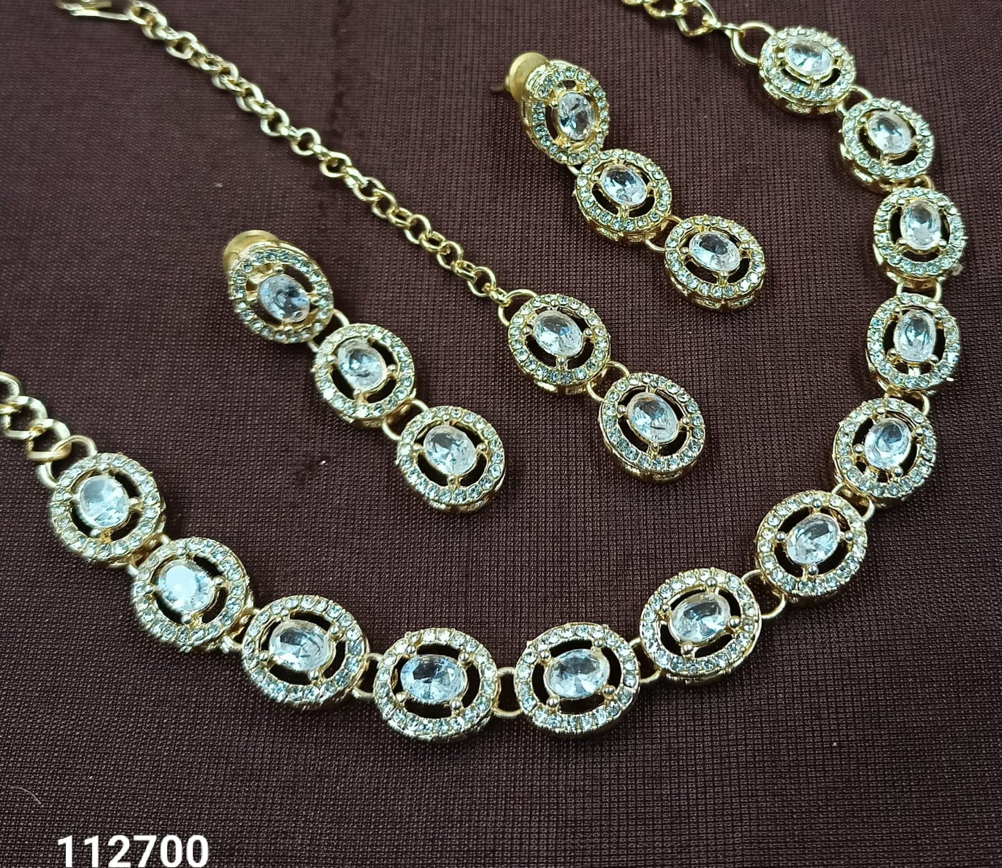 Elegant Oval Stone Necklace Set with Matching Earrings & Mangtikka
