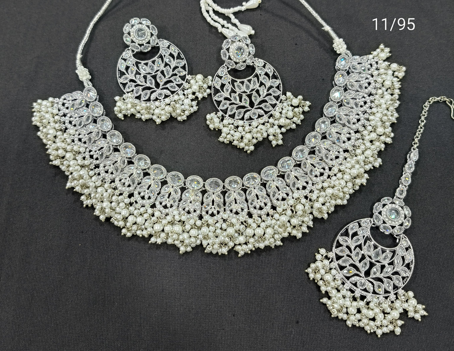 Traditional Pearl Cluster Choker Necklace Set with Floral Stone Design – Bridal & Festive Wear