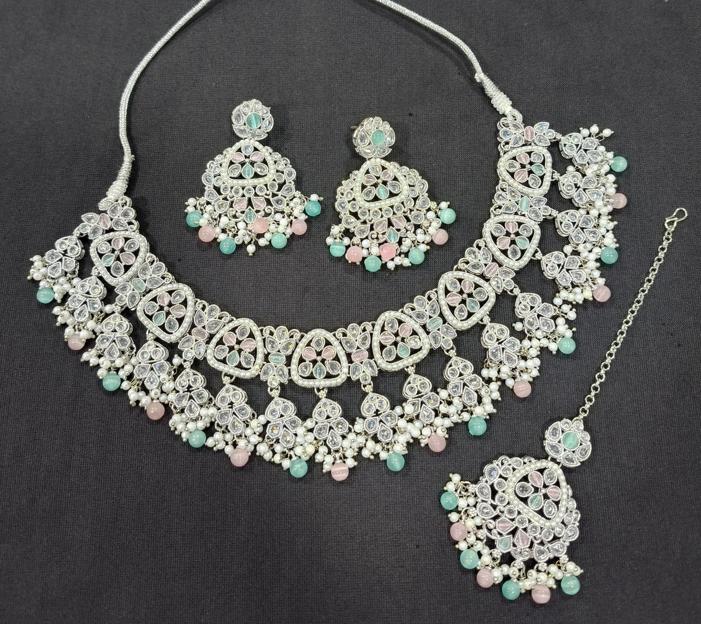 CZ Stone Studded Silver Plated Choker Necklace Set with Earrings & Maang Tikka