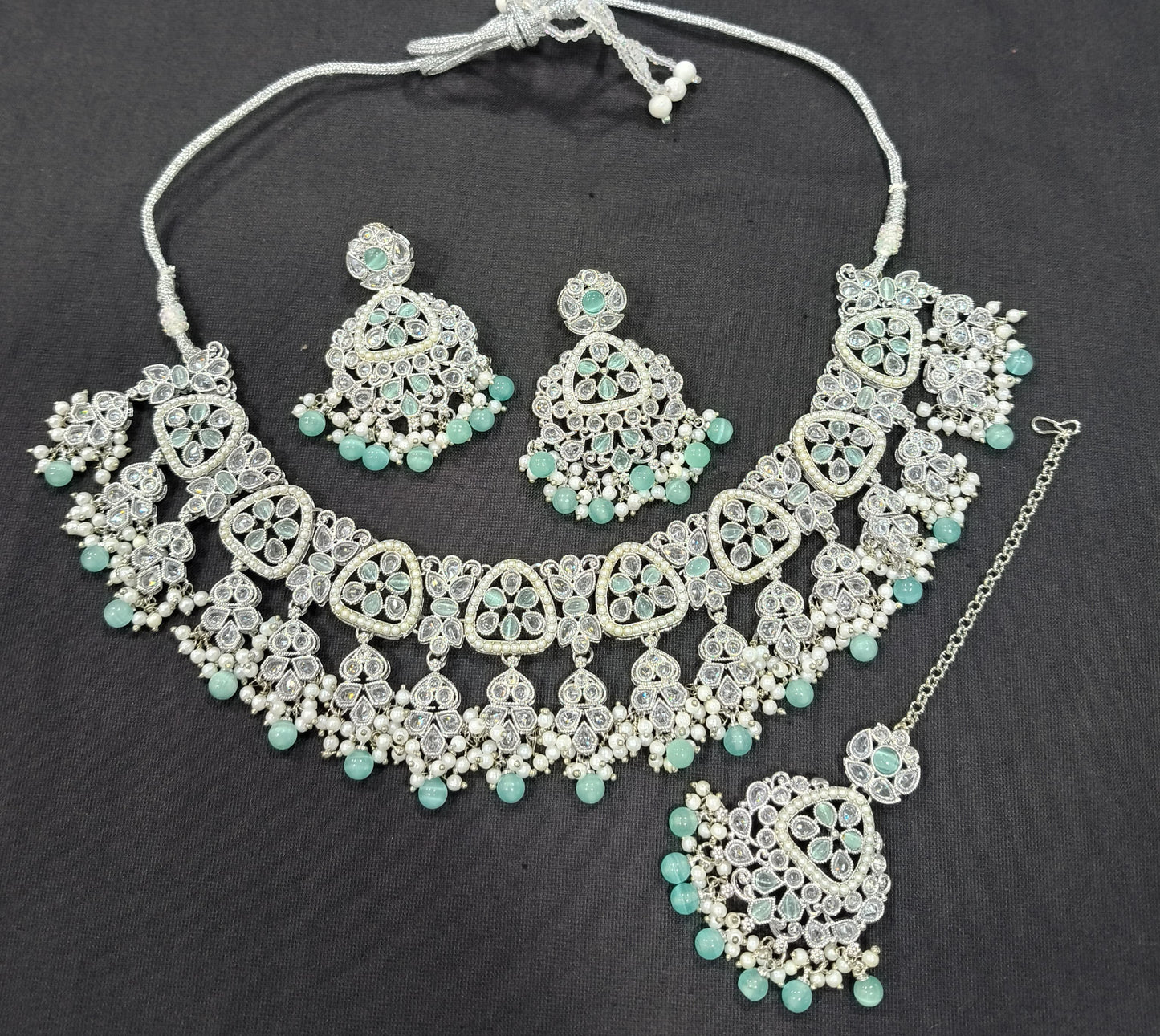 CZ Stone Studded Silver Plated Choker Necklace Set with Earrings & Maang Tikka