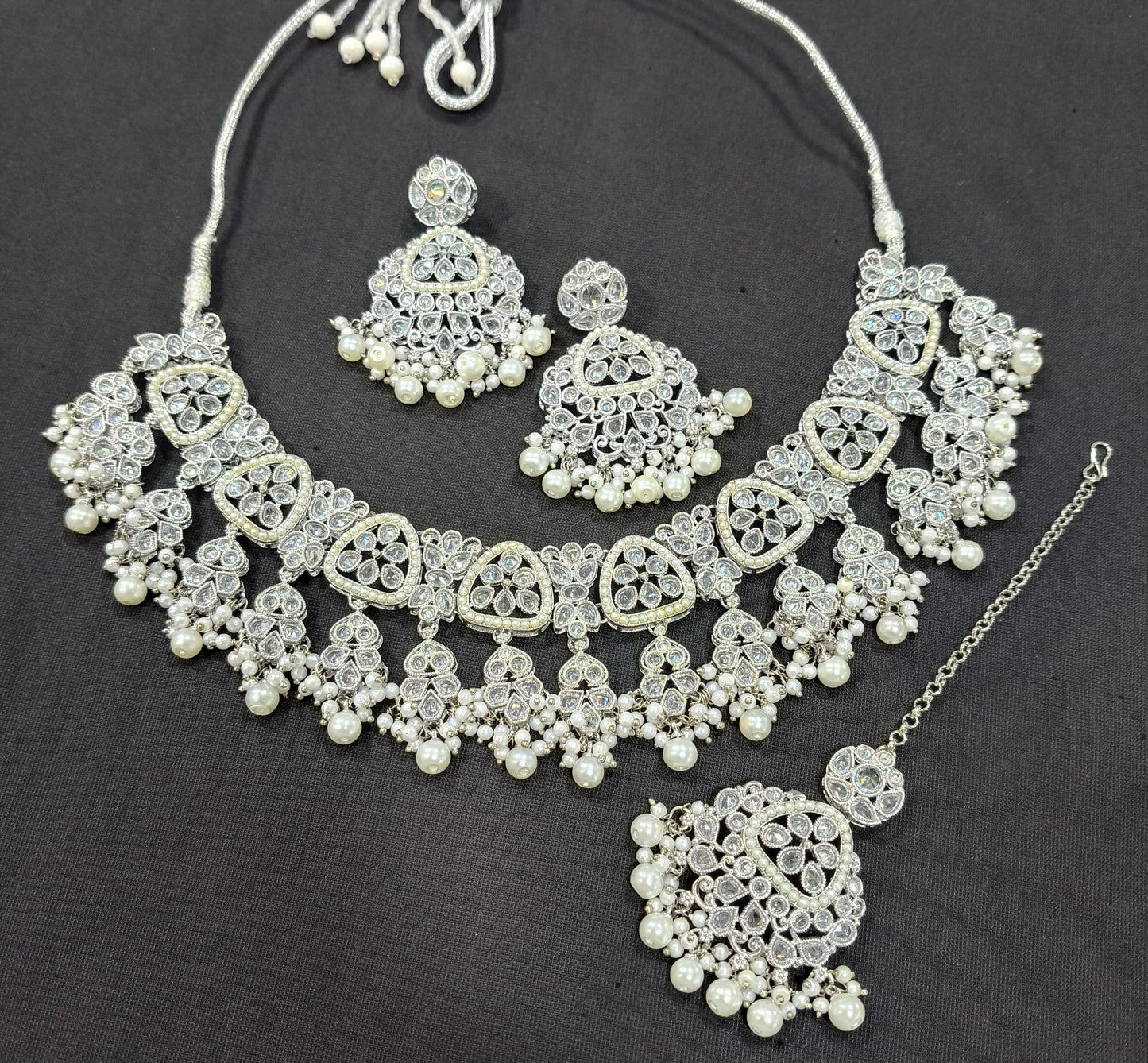 CZ Stone Studded Silver Plated Choker Necklace Set with Earrings & Maang Tikka
