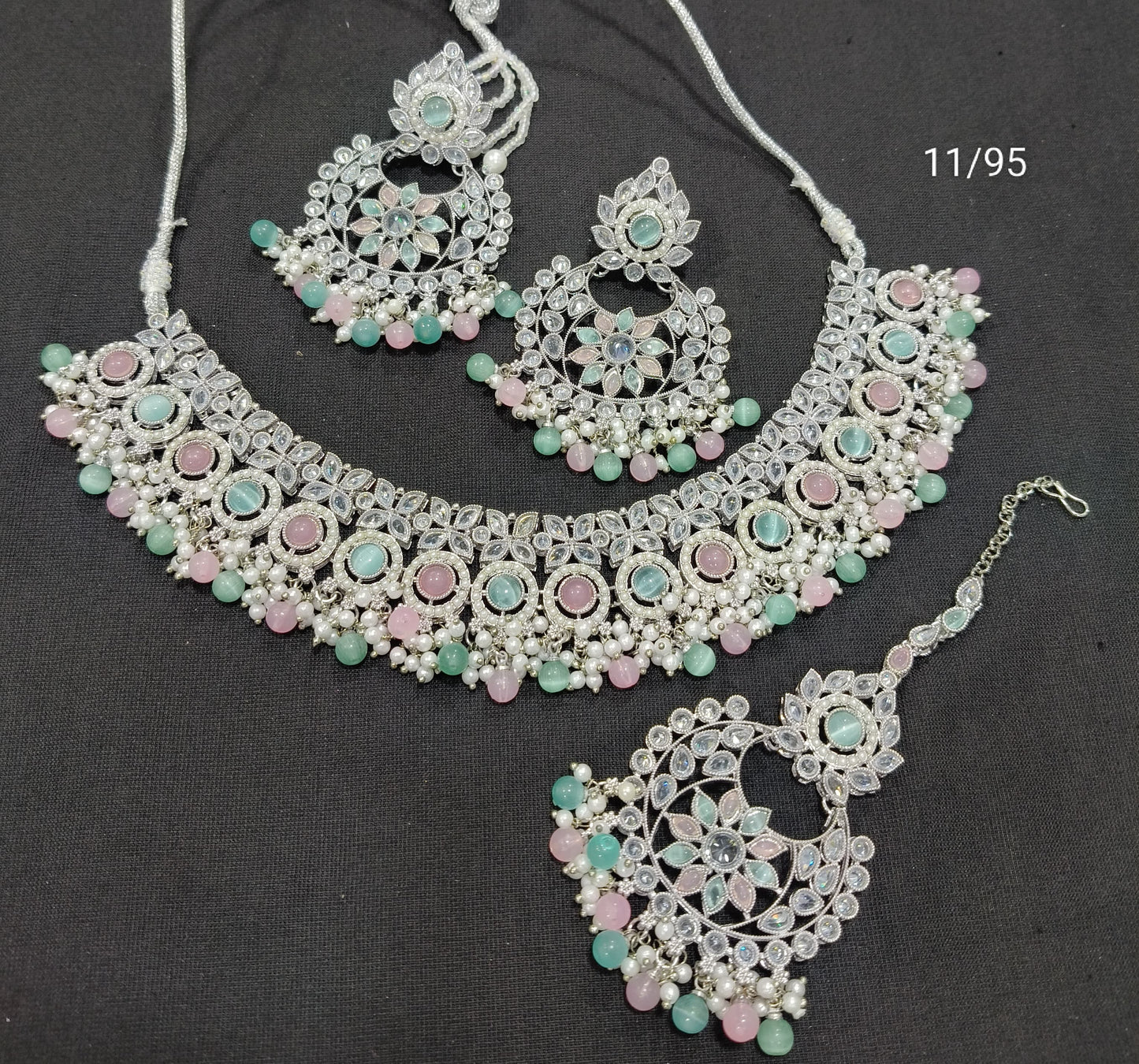 LucenteMarket CZ Bridal Choker Necklace Set with Earrings and Maang Tikka
