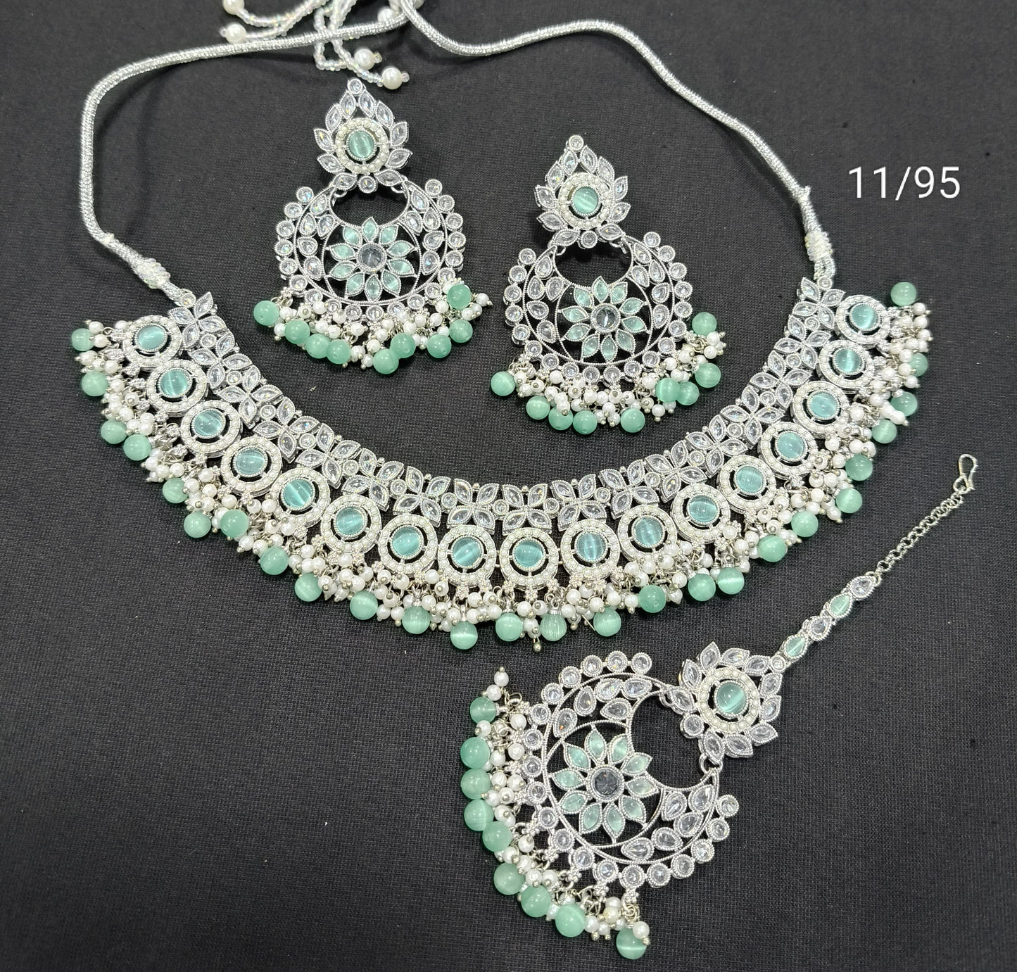 LucenteMarket CZ Bridal Choker Necklace Set with Earrings and Maang Tikka