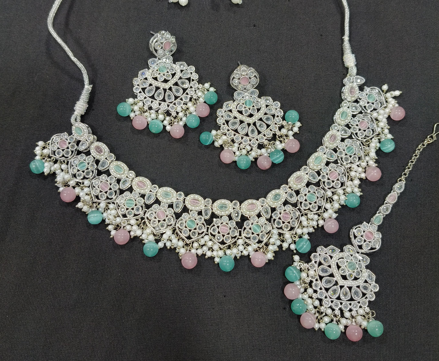 Regal CZ Studded Silver Plated Choker Necklace Set – Bridal & Festive Wear Jewellry