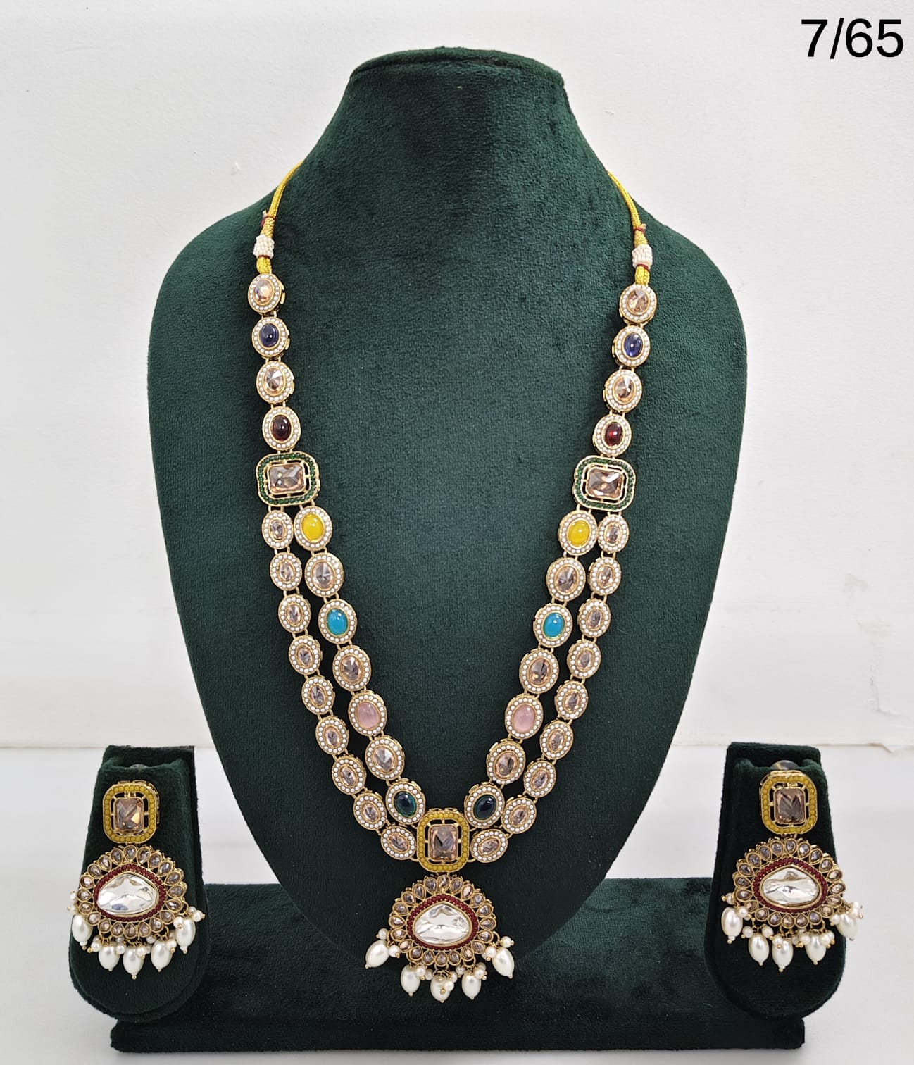 Traditional Kundan Stone Long Necklace Set with Pearl Drop Earrings