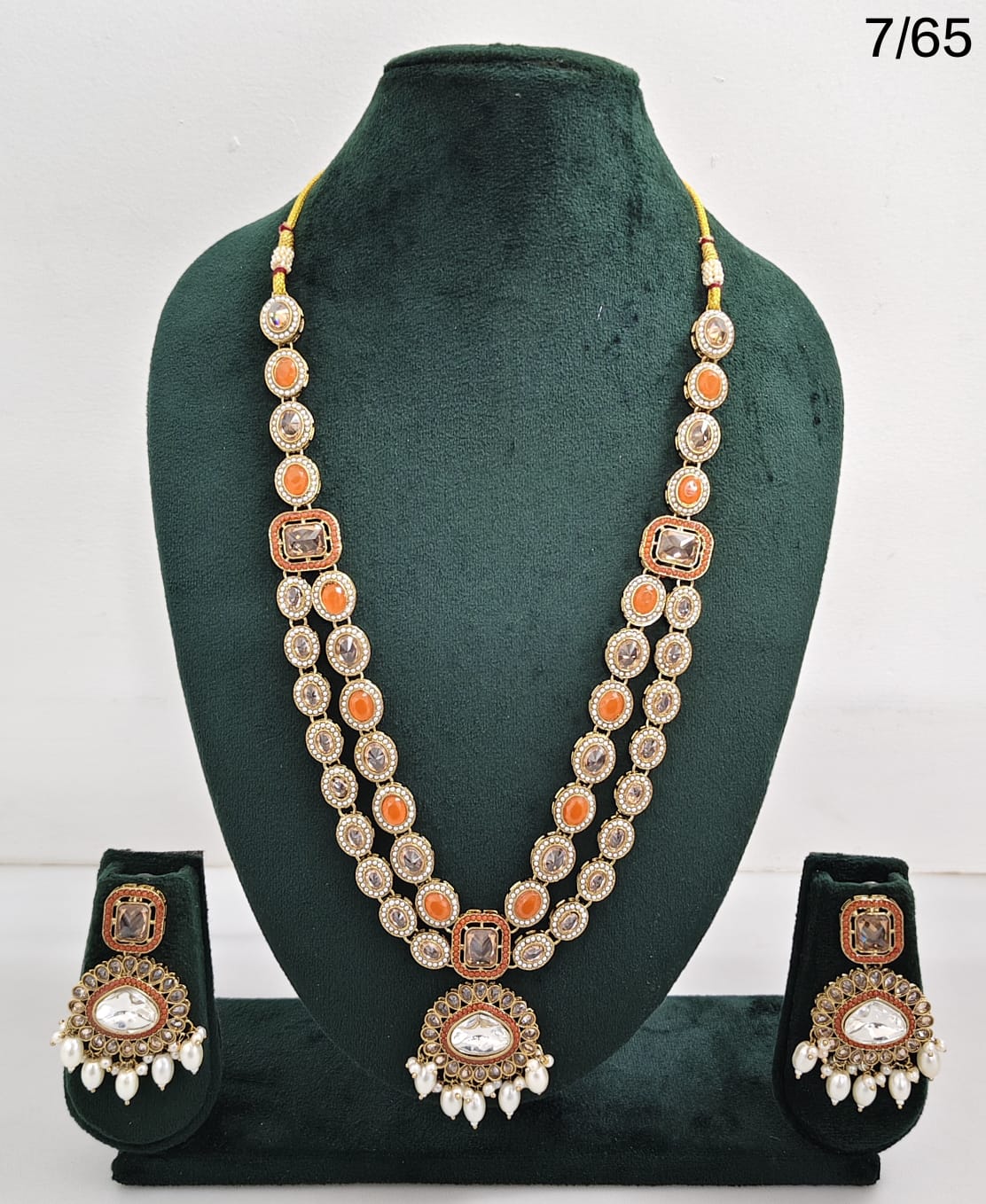 Traditional Kundan Stone Long Necklace Set with Pearl Drop Earrings