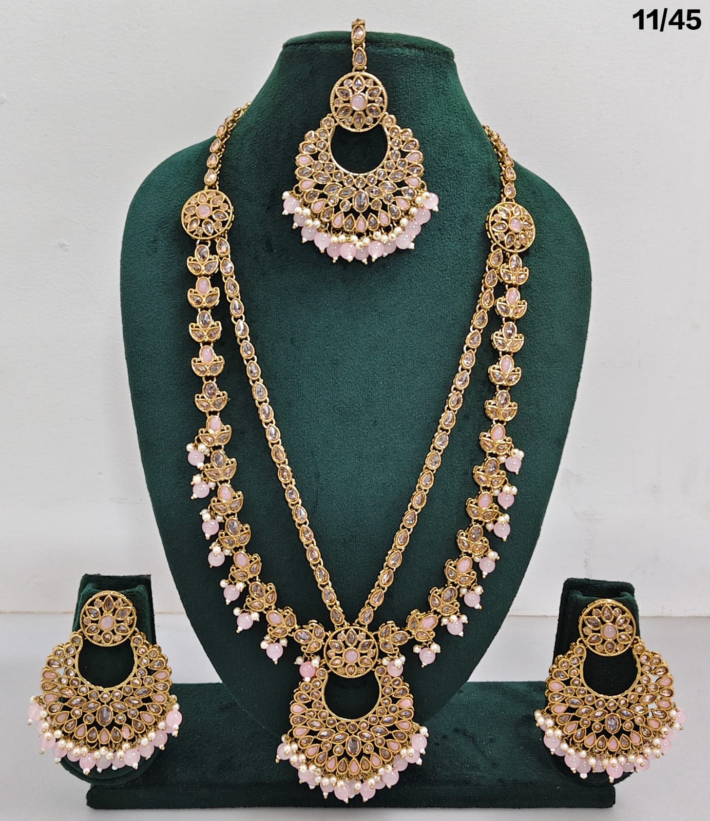 Traditional CZ Long Necklace Set with Beaded Drops and Matching Earrings