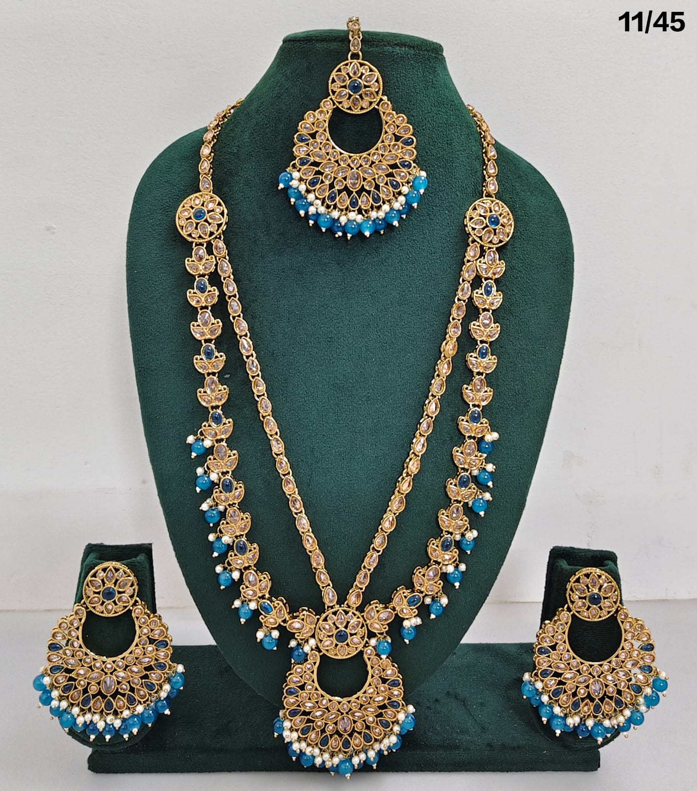 Traditional CZ Long Necklace Set with Beaded Drops and Matching Earrings