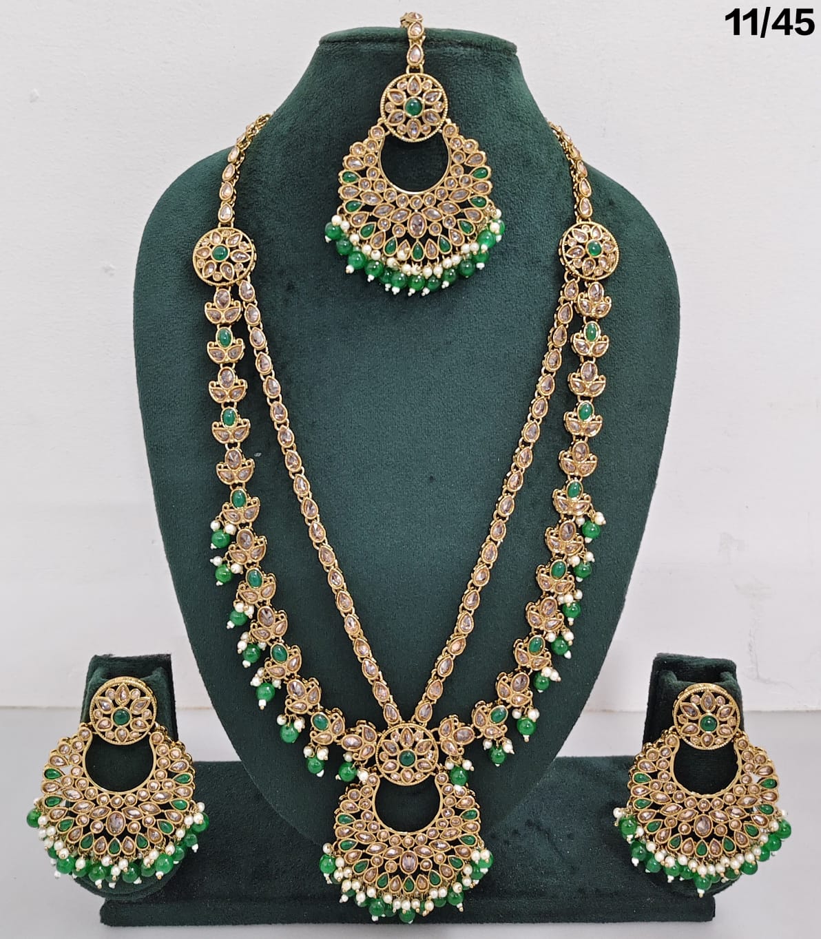 Traditional CZ Long Necklace Set with Beaded Drops and Matching Earrings