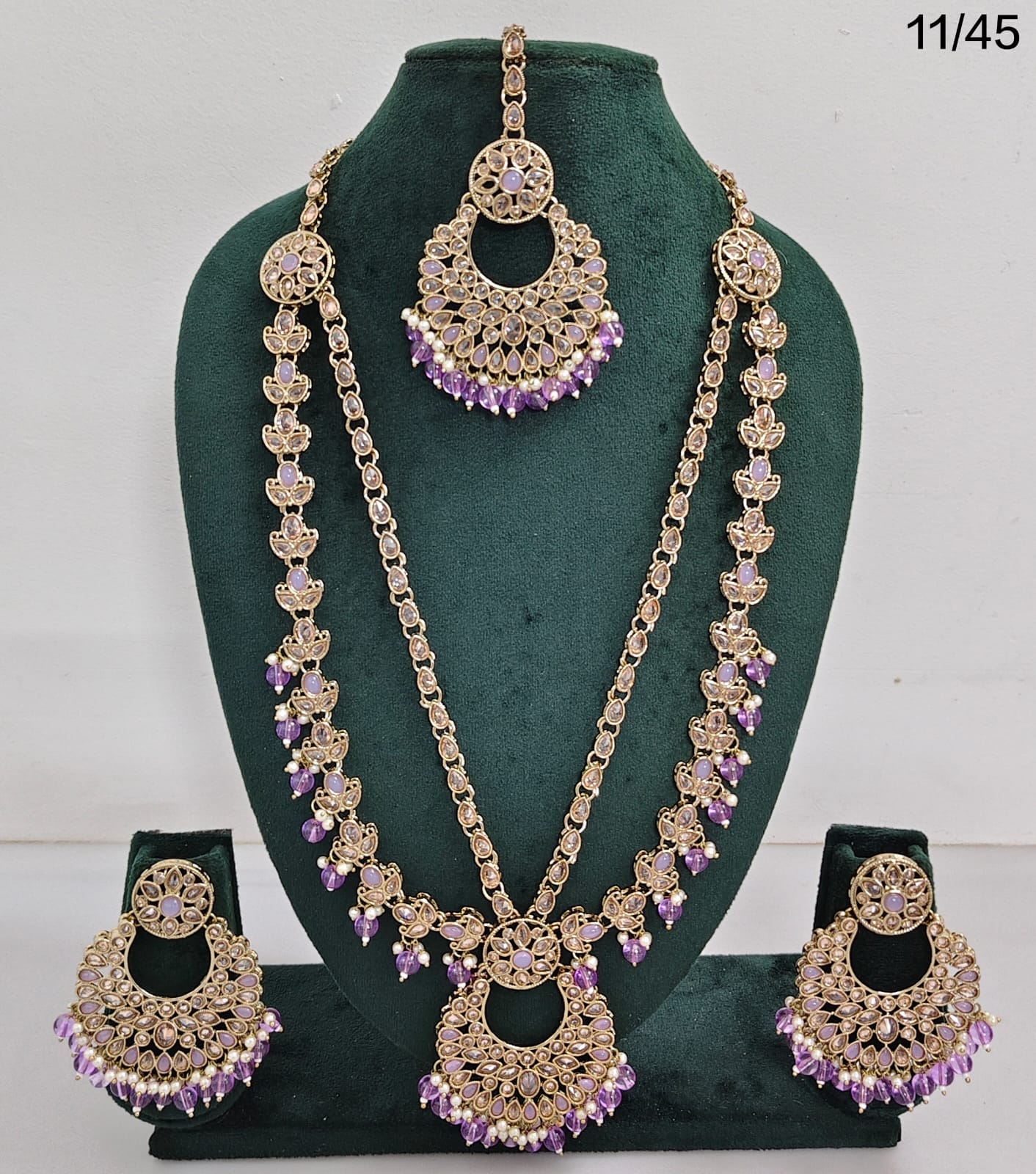 Traditional CZ Long Necklace Set with Beaded Drops and Matching Earrings