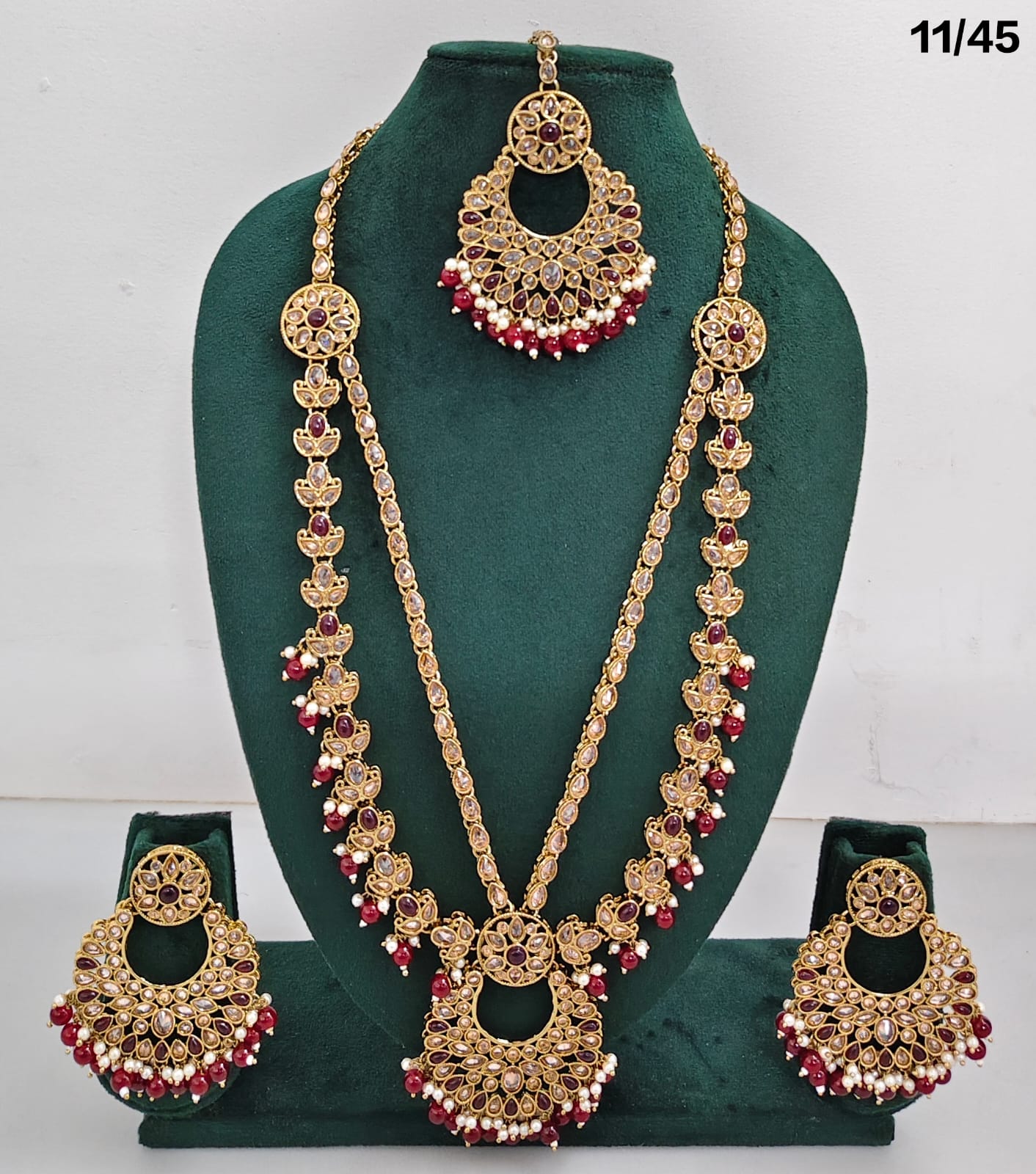 Traditional CZ Long Necklace Set with Beaded Drops and Matching Earrings
