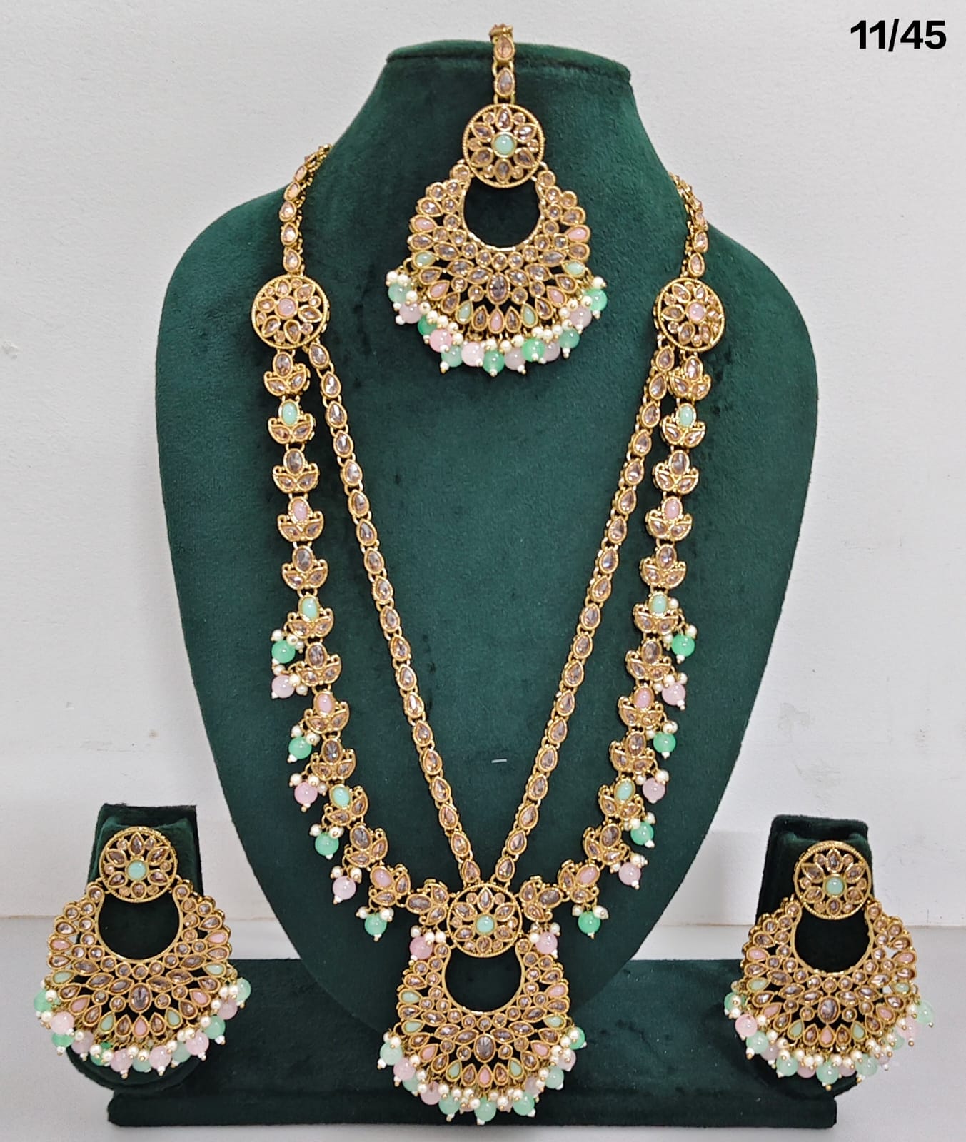 Traditional CZ Long Necklace Set with Beaded Drops and Matching Earrings