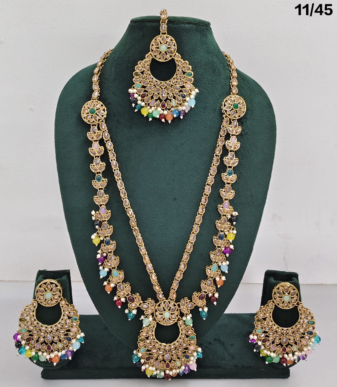 Traditional CZ Long Necklace Set with Beaded Drops and Matching Earrings