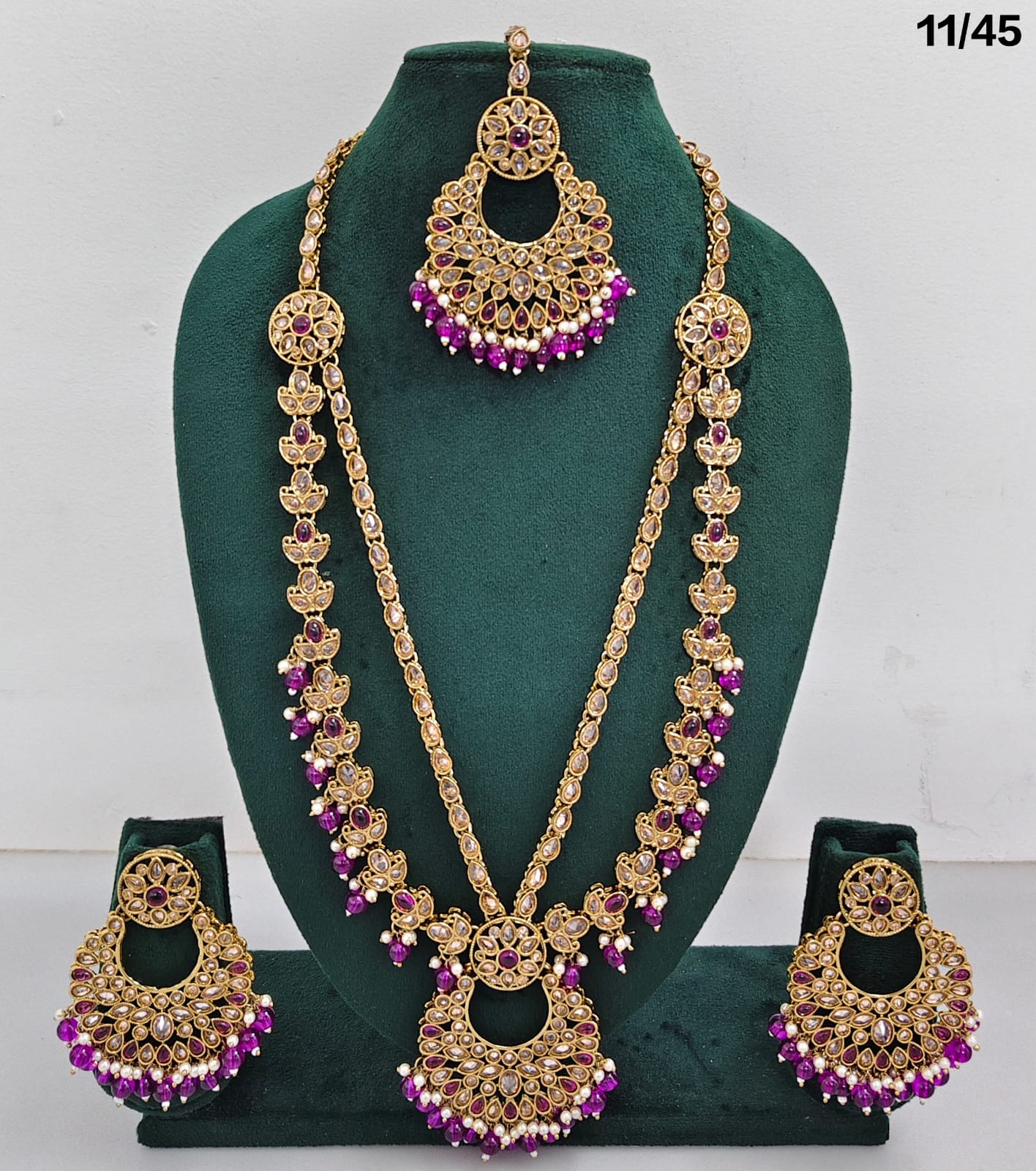 Traditional CZ Long Necklace Set with Beaded Drops and Matching Earrings