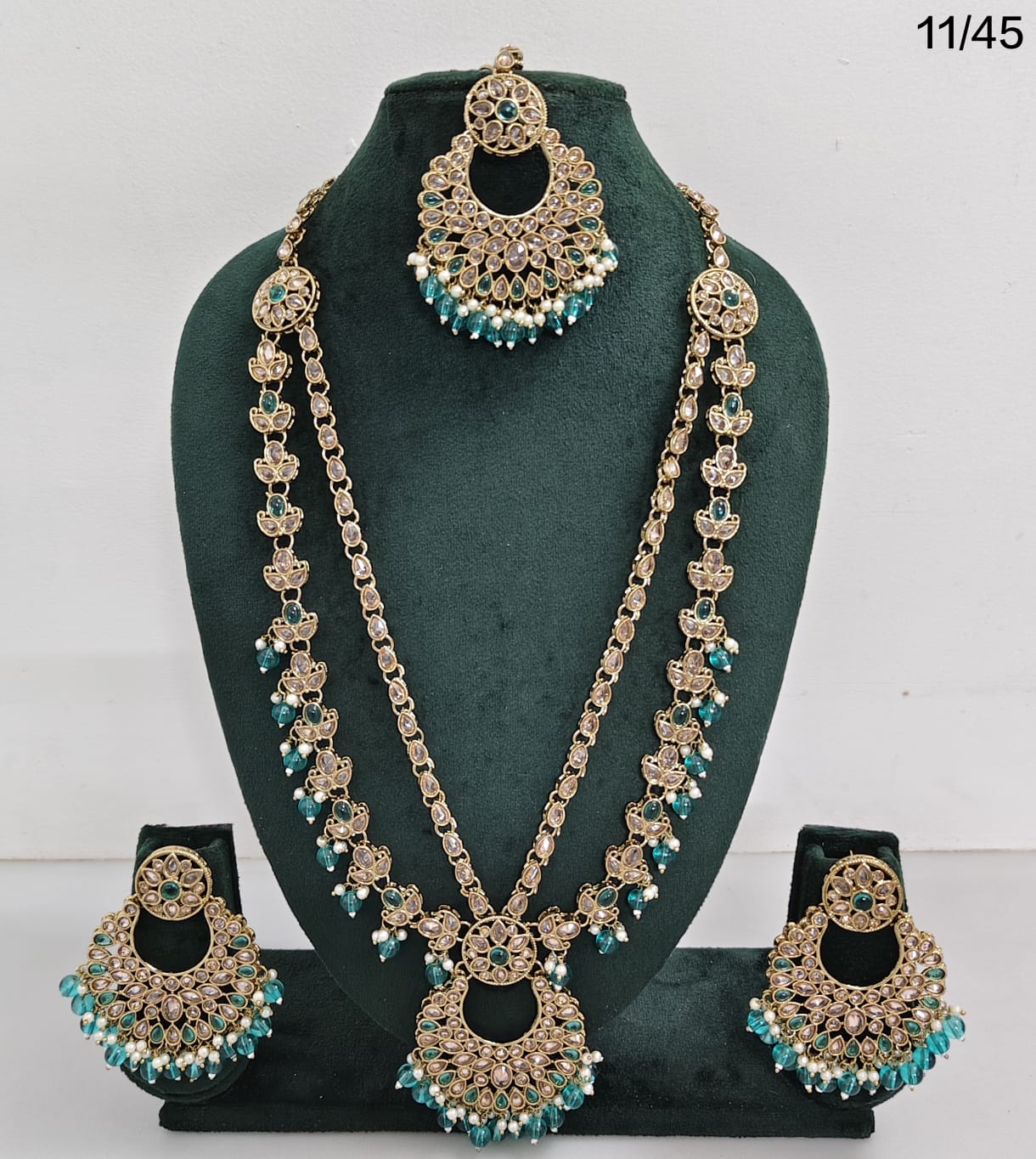 Traditional CZ Long Necklace Set with Beaded Drops and Matching Earrings