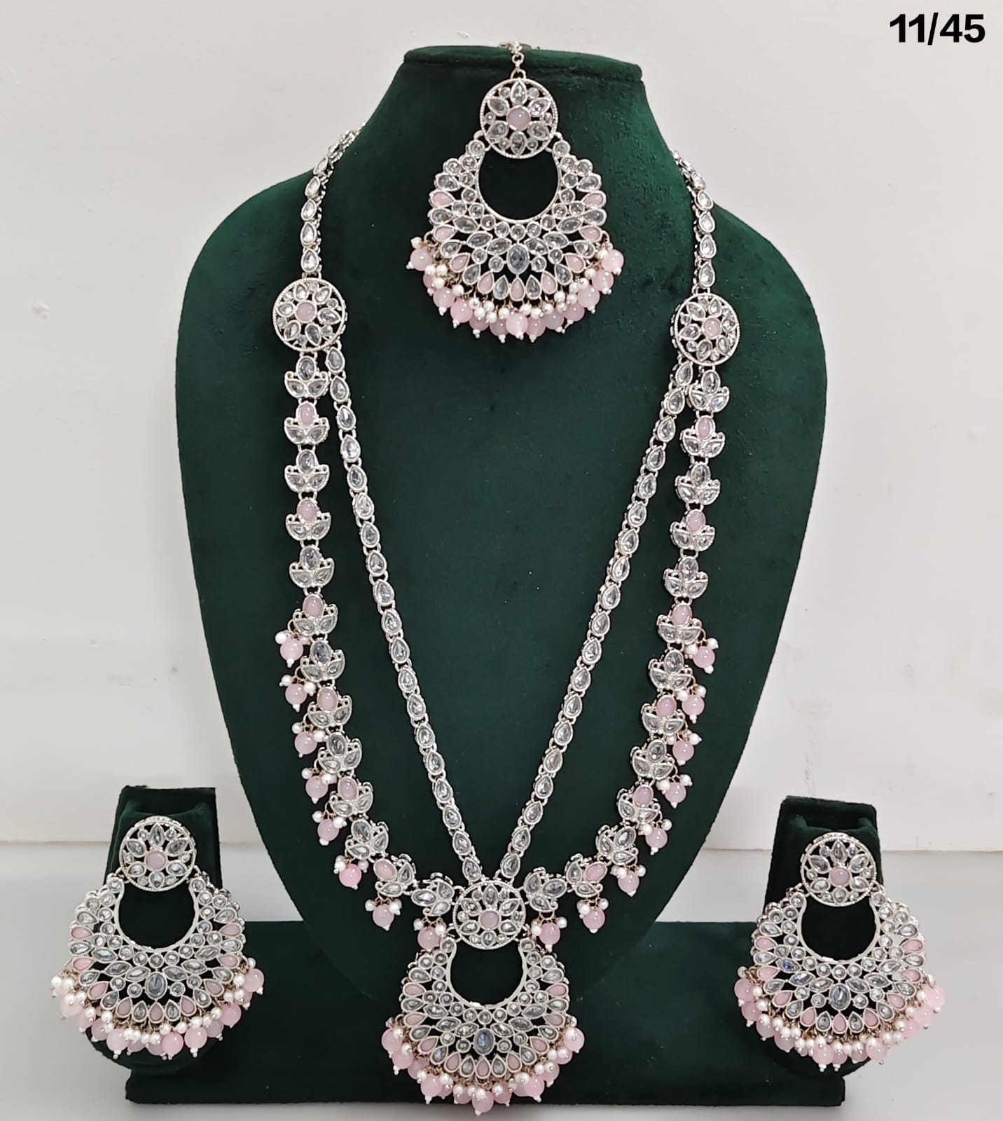Traditional CZ Long Necklace Set with Intricate Detailing and Beaded Drops