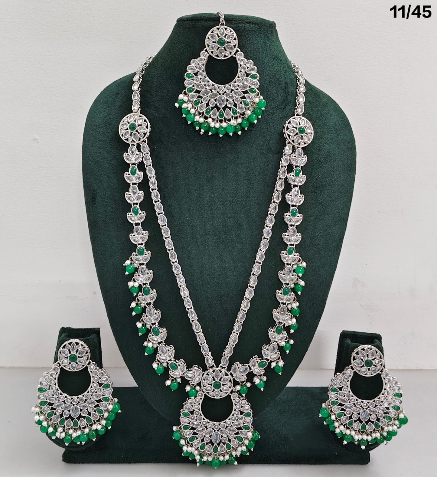 Traditional CZ Long Necklace Set with Intricate Detailing and Beaded Drops