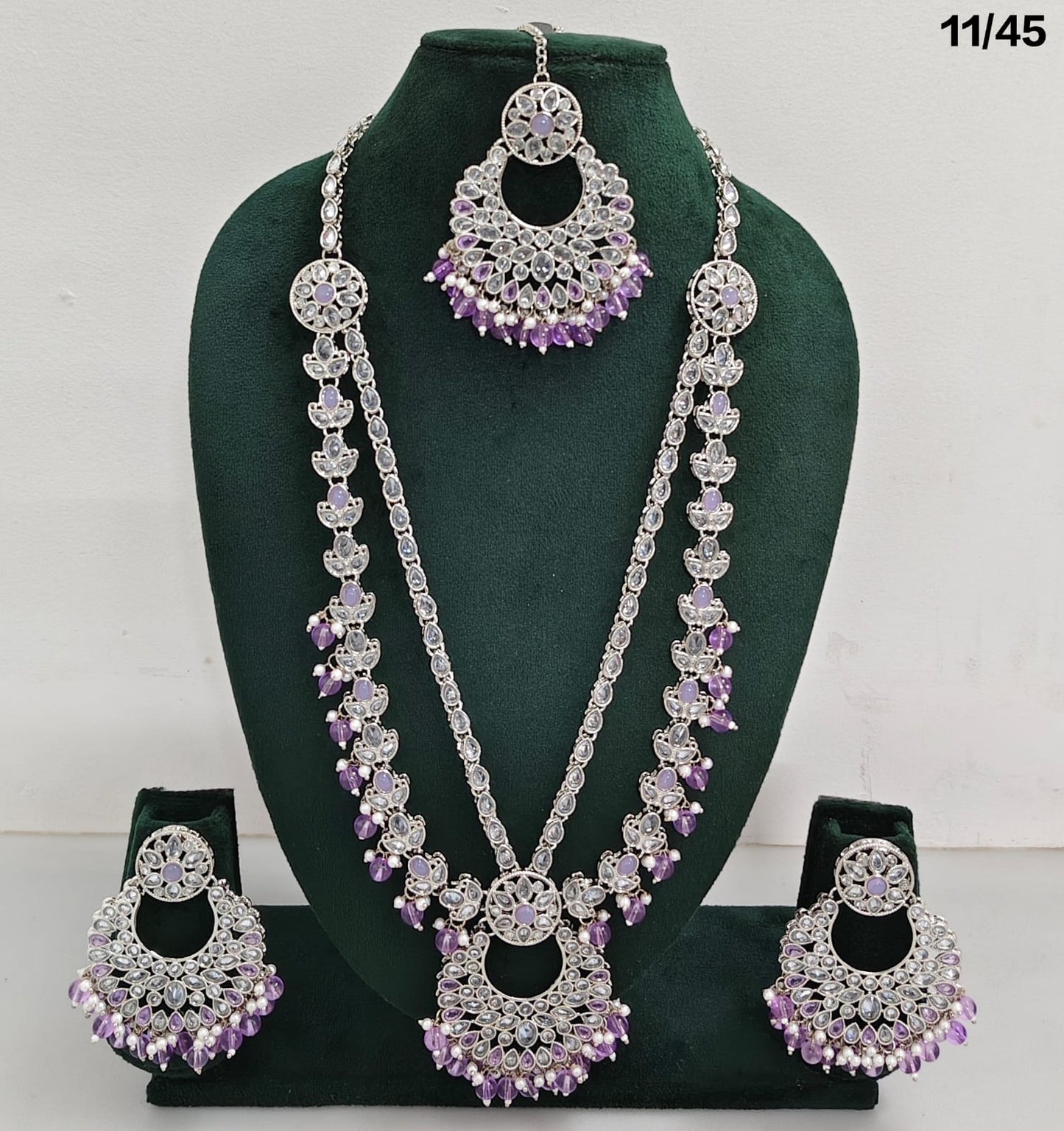Traditional CZ Long Necklace Set with Intricate Detailing and Beaded Drops